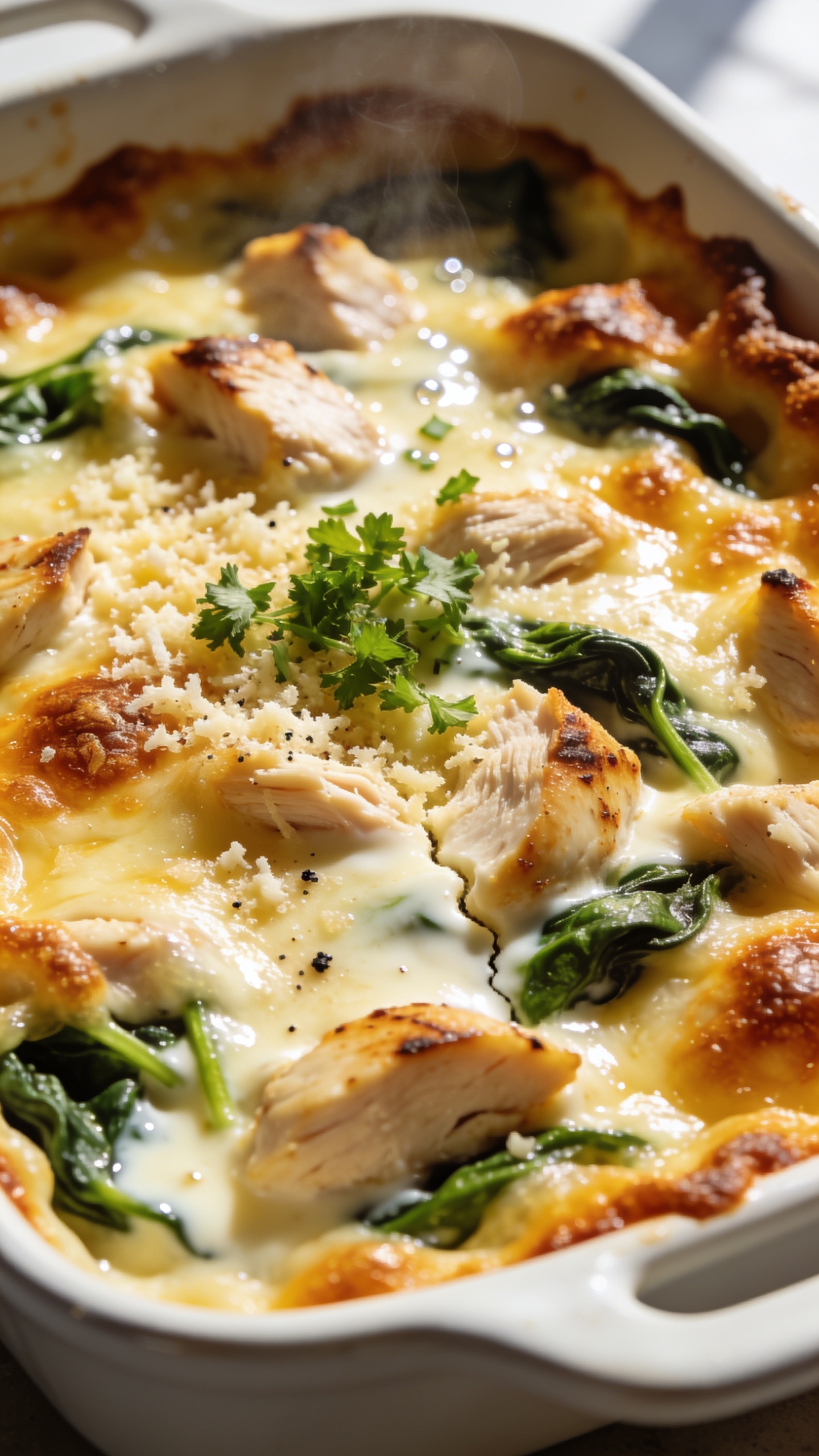 Ultra-close hero shot of a freshly baked high-protein rotisserie chicken spinach casserole in a white ceramic baking dish, filling 90–95% of the frame. Golden-bubbly melted mozzarella and parmesan blanket the top with browned, crispy cheese edges; visible chunks of juicy rotisserie chicken and ribbons of deep-green spinach peek through creamy sauce at a few natural cracks. A light gloss from the creamy Greek-yogurt-based sauce catches bright natural window light; tiny beads of steam rise subtly. Garnished with a sprinkle of finely chopped fresh parsley and a few cracks of black pepper. Shallow depth of field, crisp focus on the center surface texture, sunlit, premium food-blog styling, no text, no hands.
