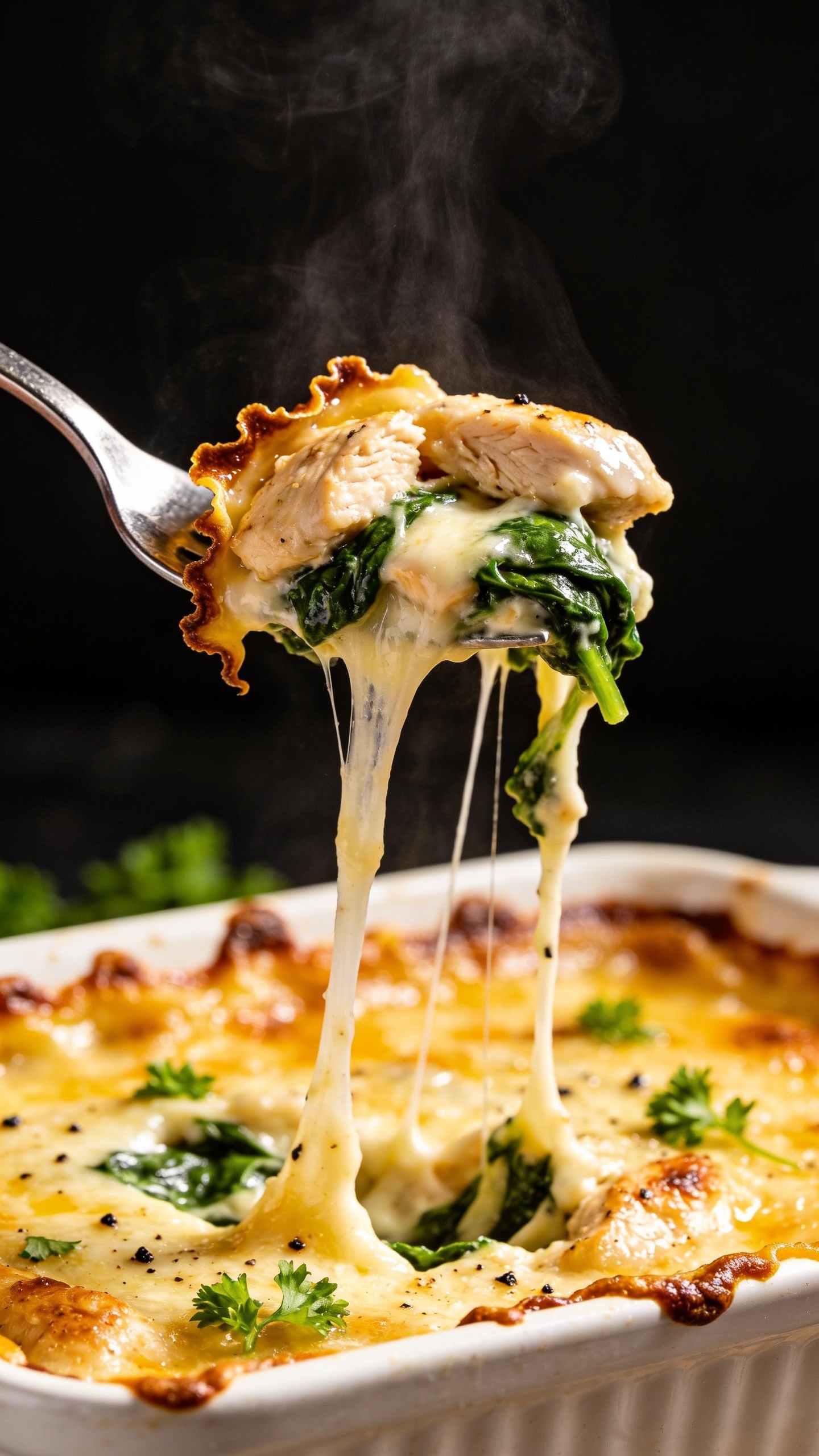 Dynamic action close-up capturing a fork lifting the perfect, steamy bite from the same casserole, one second before the mouth. The lifted bite shows stretchy melted cheese pulling in long strands back to the main dish, with visible juicy chicken, wilted spinach, and creamy sauce clinging to the forkful; glossy sauce sheen and browned-cheese frills along the edges. The baking dish remains below, filling the background with bubbling, golden top; bright natural lighting, shallow depth of field isolating the bite, fresh parsley flecks and black pepper visible. Food fills 90–95% of frame; only the fork is visible, no hands, no text.