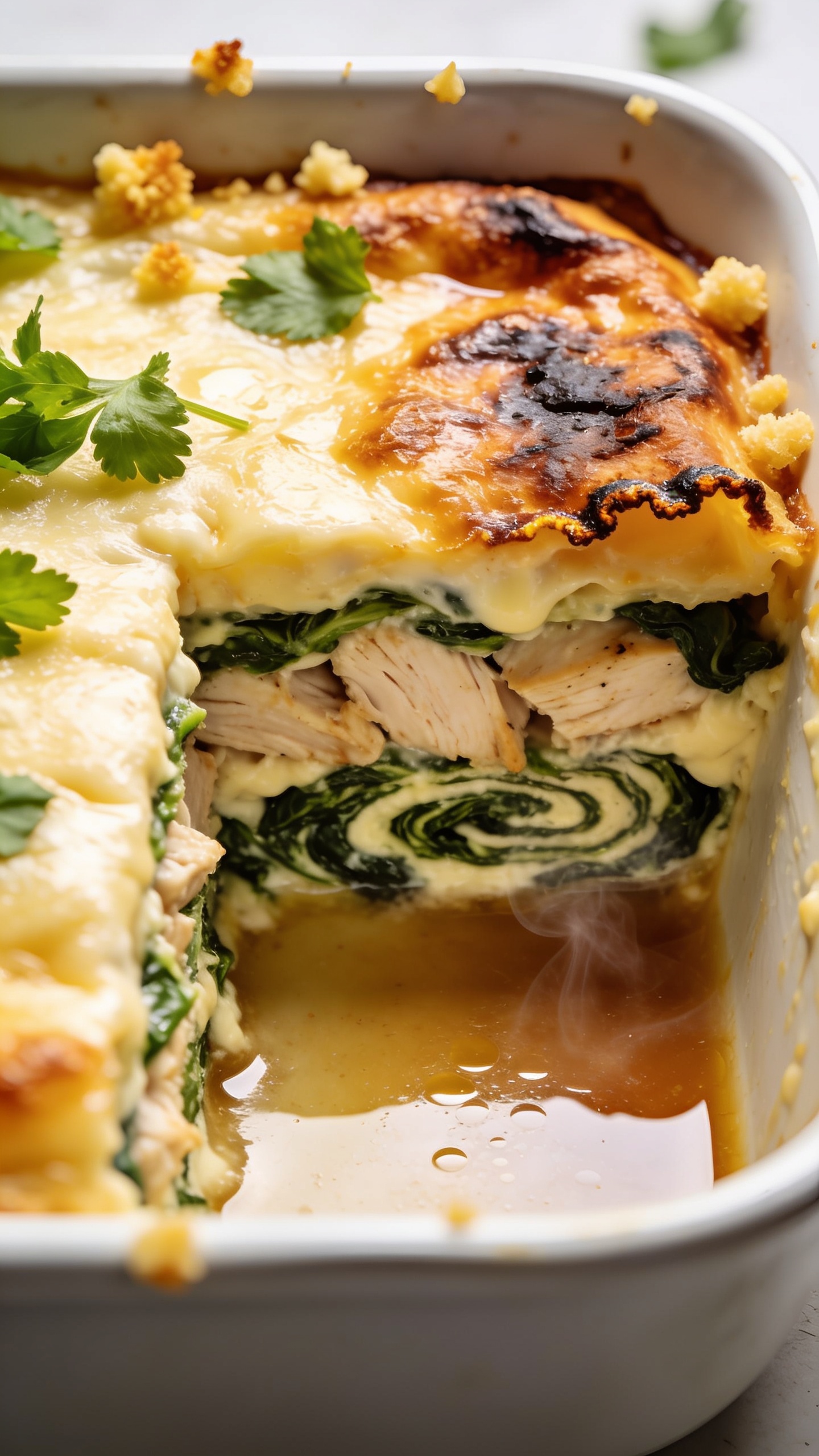 Extreme close-up angle from the side edge of the same casserole after a clean square has been scooped out, revealing the interior layers: chunky rotisserie chicken pieces, vibrant spinach swirls, and luscious creamy sauce between strata, topped with a bronzed, blistered cheese cap with crisp edges. A glossy, pooled sauce glints in the empty corner of the dish, with tiny steam wisps rising. Freshly sprinkled parsley leaves and a few toasted cheese crumbs on the rim. Bright natural light, shallow depth of field emphasizing juicy textures and melted cheese, 90–95% frame filled with food, cohesive with the previous images.