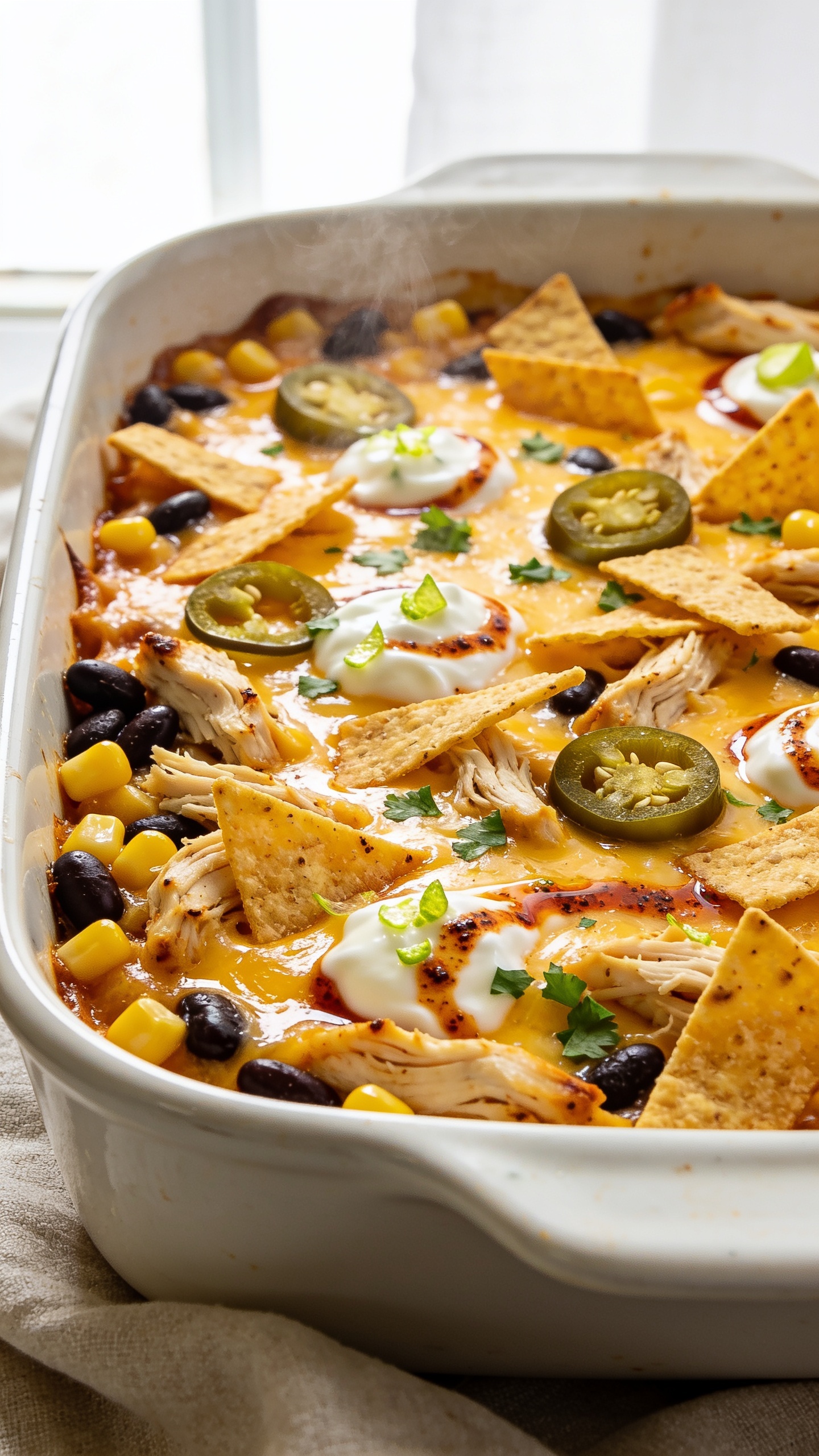 Ultra-close hero shot of a freshly baked high-protein rotisserie chicken taco casserole in a white ceramic baking dish, filling 90–95% of the frame. Top is golden and bubbly with melted cheddar-jack cheese, scattered crisped tortilla strips, black beans, sweet corn, tender shreds of rotisserie chicken, and a few thin jalapeño slices. Small dollops of creamy Greek-yogurt-based sauce peek through the cheese, lightly swirled with smoky taco-seasoning-red oils. Garnish with finely chopped cilantro and a few lime zest flecks for brightness. Bright natural window light from the side, shallow depth of field, glossy sauce sheen around edges, subtle steam rising, premium food-blog styling, neutral linen beneath but mostly out of frame for a clean look.