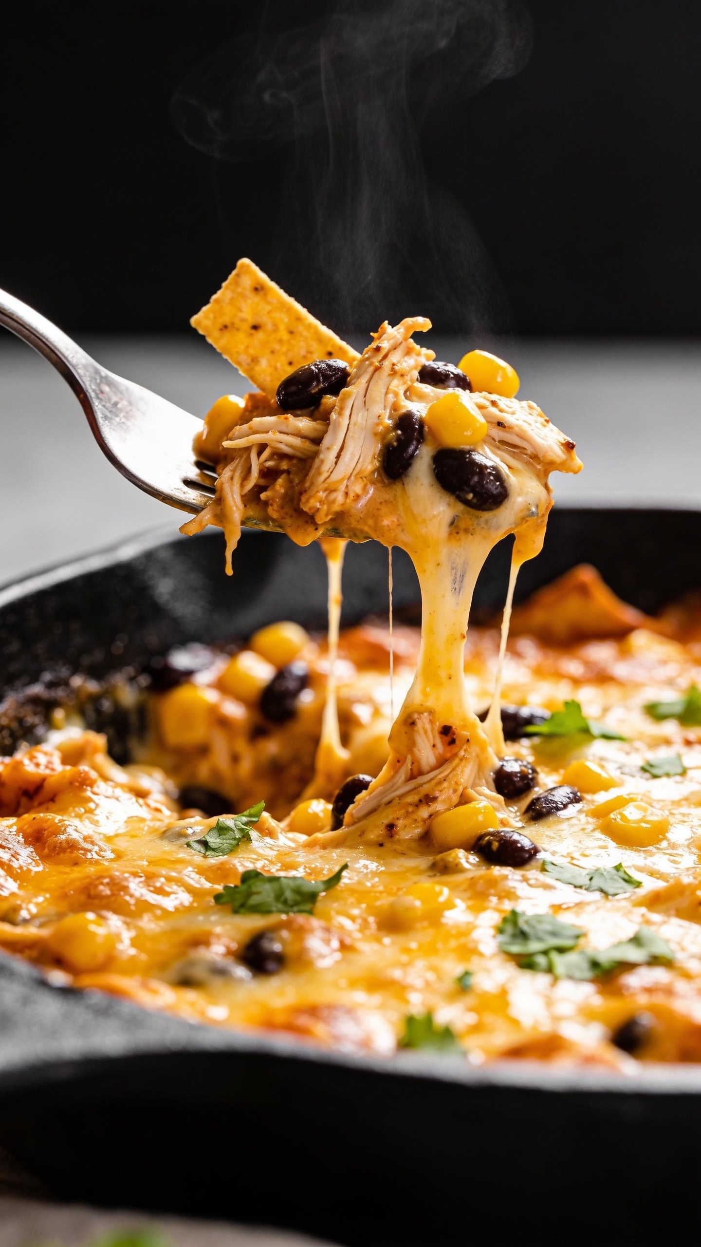 Dynamic action close-up capturing a fork lifting the perfect, steaming bite from the same casserole, one second before a mouthful. The lifted fork holds a stretchy strand of melted cheese pulling from the pan, with rotisserie chicken shreds, black beans, corn, and a crisp tortilla strip clinging to the creamy, taco-seasoned sauce. The remaining casserole below is gooey and glossy with bubbling cheese and visible cilantro. No hands, only the utensil tip and the bite in focus. Bright natural lighting, shallow depth of field, rich textures, vibrant colors, cheese stretch frozen mid-air, food filling 90–95% of the frame, consistent styling and dishware with Image