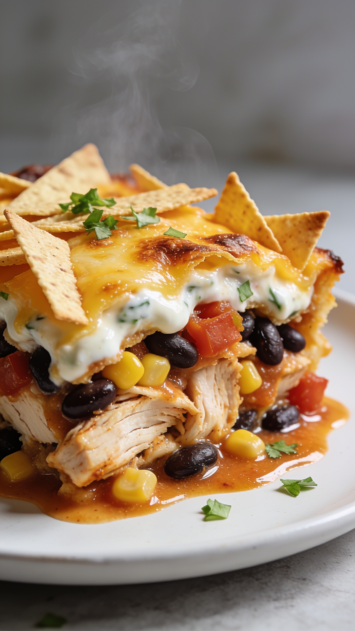 3. Extreme close-up angled slice-out of the same casserole plated on a simple white rimless plate that matches the baking dish styling, showing the interior layers: juicy rotisserie chicken, black beans, corn, fire-roasted tomato flecks, and creamy Greek-yogurt-taco sauce under a blistered, golden cheese top and crunchy tortilla strips. A light drizzle of glossy, salsa-like pan juices pools at the base, with a finishing sprinkle of finely chopped cilantro. Bright natural side light, shallow depth of field, subtle steam visible, crisp edges and melty pockets highlighted, food occupying 90–95% of the frame, cohesive premium food-blog aesthetic matching the other images.