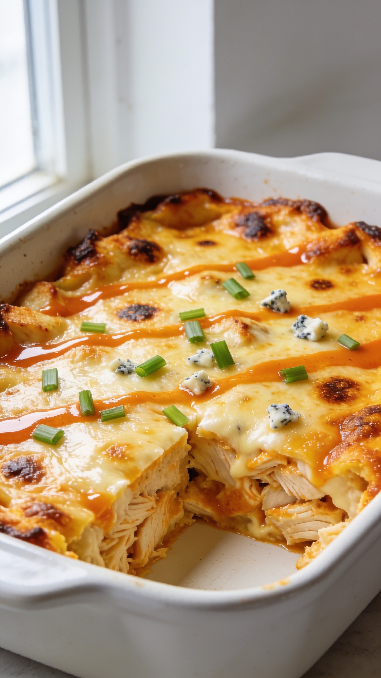 Ultra-close hero shot of a freshly baked High Protein Rotisserie Chicken Buffalo Casserole in a white ceramic baking dish, filling 90–95% of the frame. Golden-bubbly melted cheese on top with light charred spots, streaks of glossy orange buffalo sauce peeking through, and a thin scatter of finely chopped green onions and a few tiny blue-cheese crumbles for contrast. Edges of the casserole visibly crispy and caramelized, creamy interior just visible where a neat square has been removed. Bright natural window light from the left, shallow depth of field, clean neutral background, premium food-blog styling.