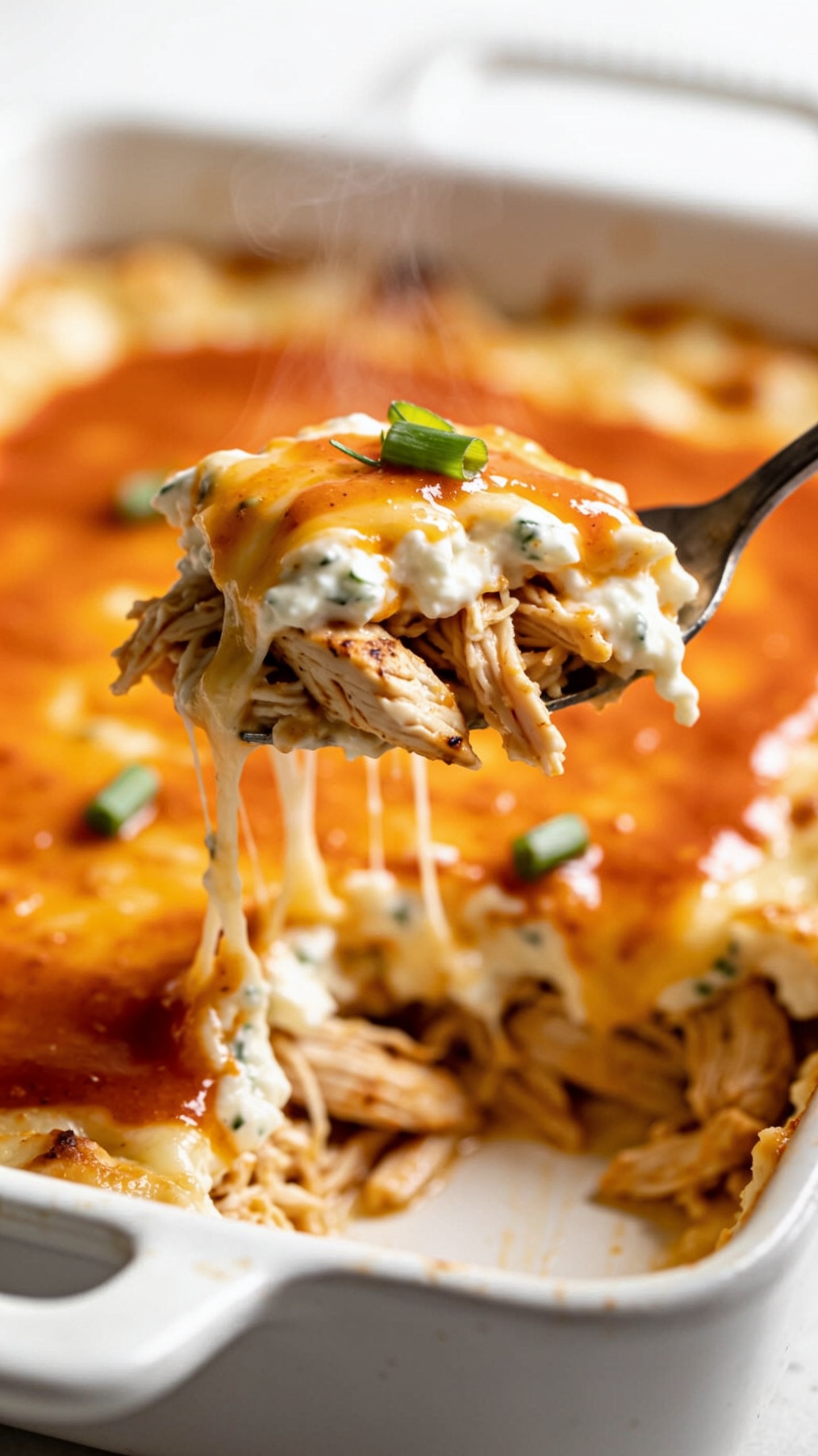 Dynamic action close-up capturing a fork lifting the perfect bite from the same casserole, one second before it reaches the mouth. The bite shows juicy shreds of rotisserie chicken coated in creamy buffalo-yogurt-cottage cheese sauce with stretchy melted cheese pulling delicate strands back to the pan, a gloss of orange buffalo sauce clinging to the surface, and a few green onion slices stuck to the cheese. Visible steam rising subtly, background softly blurred white baking dish with the missing square, bright natural lighting, food filling 90–95% of frame, no hands or people.