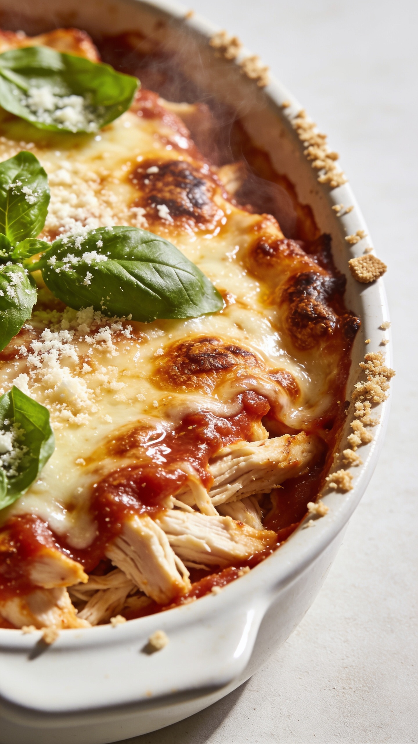 Stunning hero image: Ultra-close, overhead-to-45° angle shot of a freshly baked High Protein Rotisserie Chicken Parmesan Casserole in a white ceramic baking dish. The surface is blanketed with deeply golden, bubbly melted mozzarella and parmesan, with crisped, browned edges and slight cheese blistering. Visible chunky marinara peeks through in glossy swirls, with tender shreds of rotisserie chicken nestled beneath. Garnish: vibrant torn basil leaves and a light sprinkle of grated parmesan scattered on top. A few crunchy whole-wheat panko crumbs are visible for texture along the rim. Bright natural side lighting, shallow depth of field, minimal neutral background, food filling 90–95% of frame, steam subtly rising to suggest heat. Same finished look for all images.