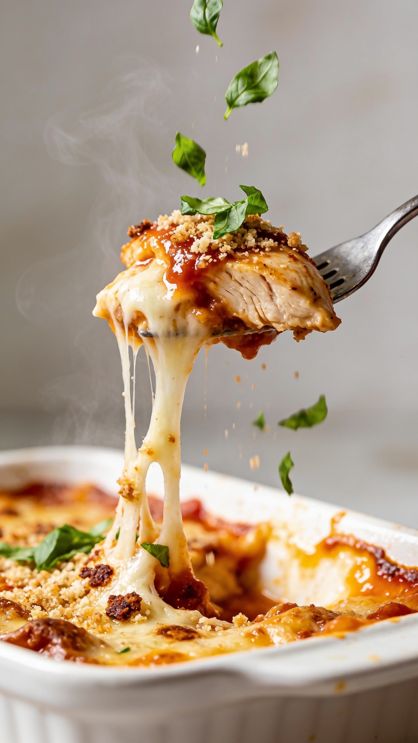 Dynamic action moment: Extreme close-up at 45° angle of a fork lifting the perfect bite from the casserole—stretchy strands of molten mozzarella pulling up from the pan, a juicy chunk of rotisserie chicken coated in glossy marinara, specks of browned parmesan and crunchy panko clinging to the bite. Freshly torn basil confetti gently falling mid-air onto the lifted forkful, with visible steam rising. Background softly blurred but clearly the same white baking dish filled with the casserole, cheese still bubbling at the edges. Bright natural lighting, shallow depth of field, food filling 90–95% of the frame, no hands visible, only the fork.
