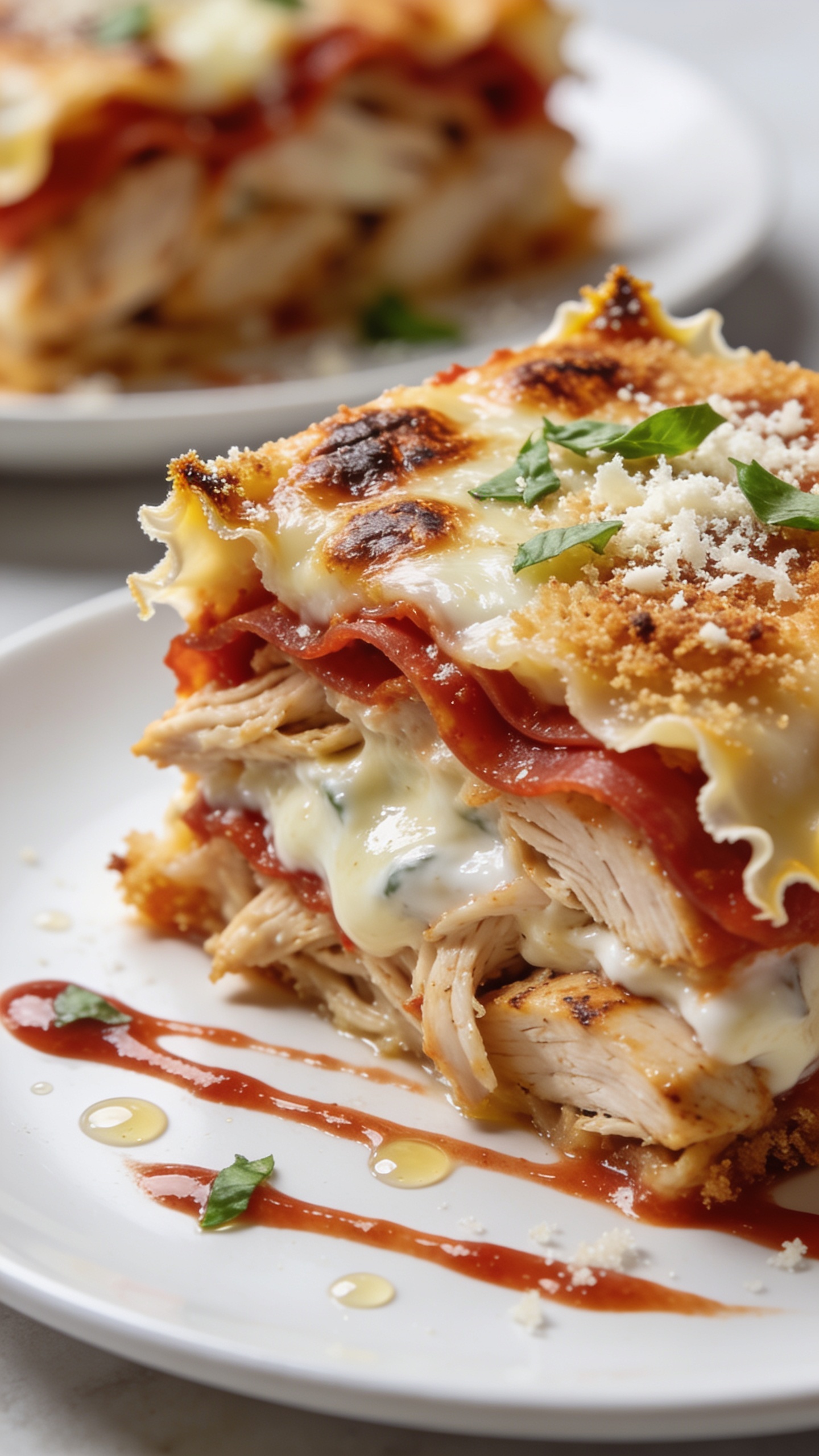 Beautiful close-up texture shot: Macro-level side angle focusing on a neatly scooped square of the same casserole plated on a simple white plate, with the remaining casserole blurred in the background. Emphasize layers: juicy rotisserie chicken strands, creamy-yet-light interior (subtle sheen from Greek yogurt and cottage cheese), rich marinara ribbons, and a top crust of blistered mozzarella and bronzed parmesan-panko. A few glossy marinara streaks on the plate, micro droplets of oil glistening, crisp cheese frills at the corners, and a final dusting of grated parmesan with scattered basil chiffonade. Bright natural light, shallow depth of field, food fills 90–95% of frame, cohesive styling consistent with prompts 1 and