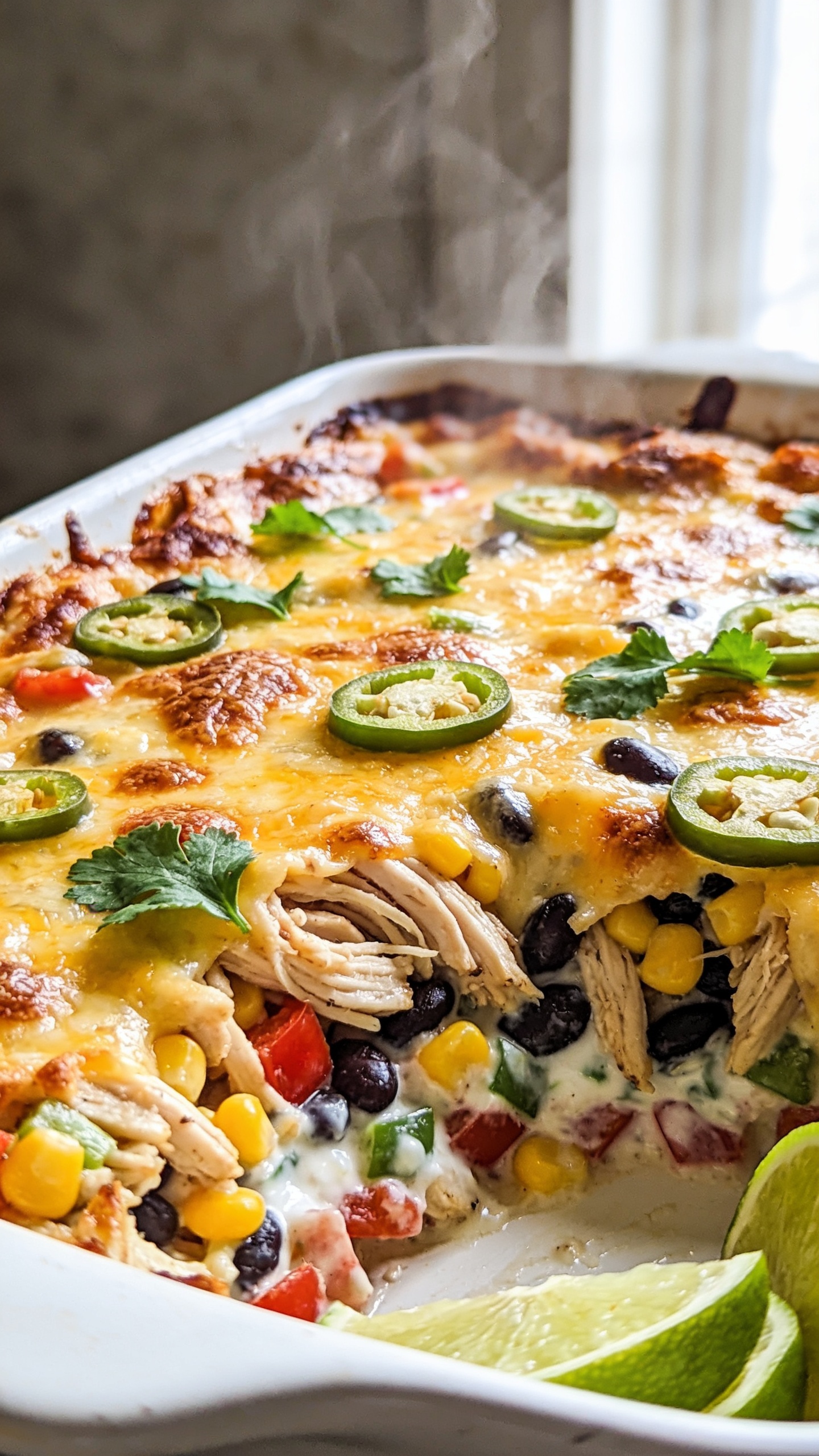Ultra-close hero shot of a High Protein Rotisserie Chicken Fiesta Casserole just out of the oven in a white ceramic baking dish, filling 90–95% of the frame. Golden-bubbly melted cheddar and Monterey jack with crispy browned edges, visible shreds of juicy rotisserie chicken, black beans, sweet corn kernels, diced red and green bell peppers, and a creamy Greek yogurt–salsa base peeking through. Garnished with fresh cilantro leaves, thin jalapeño rounds, and a few lime wedges tucked at the corner for color. Bright natural window light from the side, shallow depth of field, glossy cheese sheen, steam softly rising, rustic neutral background blurred to keep focus entirely on the casserole.