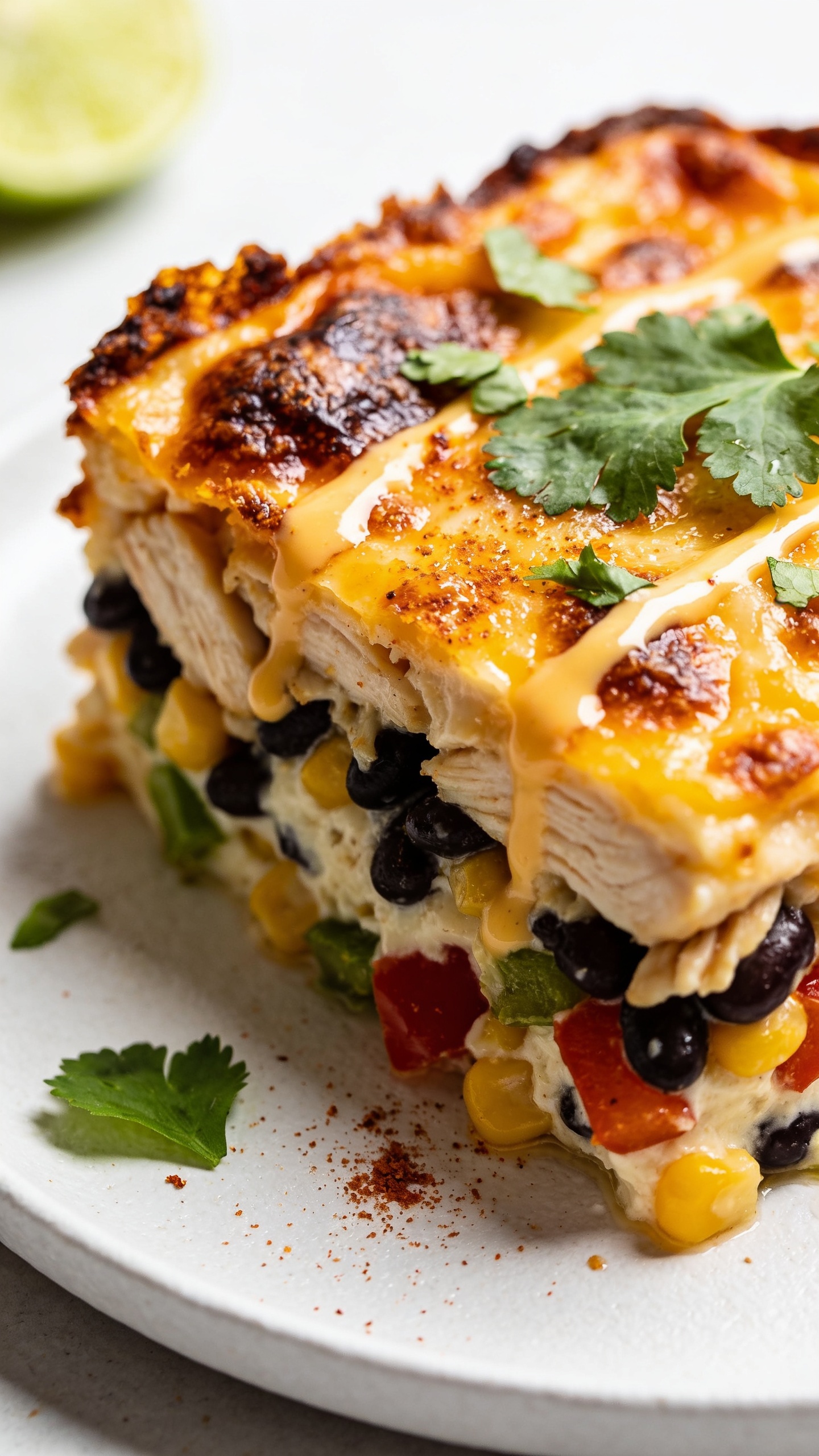 Macro three-quarter angle close-up of a single plated square of the same casserole on a matte white plate, tightly cropped so the food fills 90–95% of the frame. Emphasize layered textures: juicy chicken, speckled black beans, corn, peppers, and the creamy base, crowned with blistered, caramelized cheesy top and crisp edges. Finishing touches include a drizzle-like sheen from the melted cheese, fresh cilantro leaves, a light dusting of smoked paprika, and a lime wedge slightly out of focus. Bright natural side light, shallow depth of field, rich colors and glossy surfaces for premium food-blog styling.