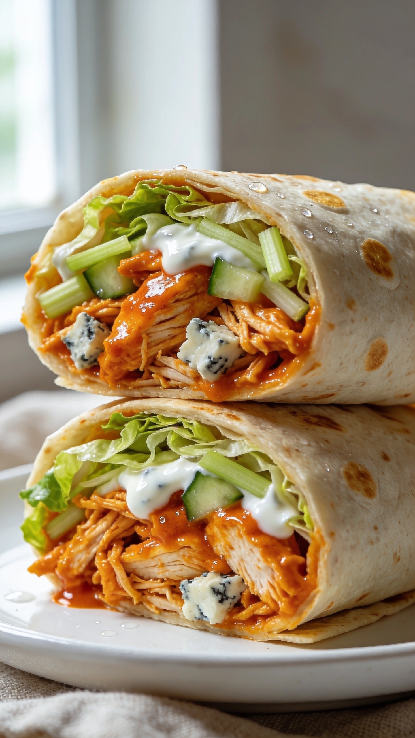Ultra close-up hero shot of a neatly halved high-protein Buffalo rotisserie chicken wrap, both halves stacked slightly offset so the cross-sections face the camera, filling 90–95% of the frame. Inside: shredded rotisserie chicken generously coated in glossy bright-orange Buffalo sauce, ribbons of crisp romaine, thin-sliced crunchy celery, diced cucumber, and a visible drizzle of creamy white Greek-yogurt ranch, all wrapped in a lightly toasted flour tortilla with golden blistered spots. A few crumbles of tangy blue cheese tucked in, edges clean, moisture beading slightly on the chicken. Bright natural window light from the side, shallow depth of field, background softly blurred with a neutral linen and a white ceramic plate barely peeking in. Vibrant colors, juicy textures, and premium food-blog styling—no text, no hands.