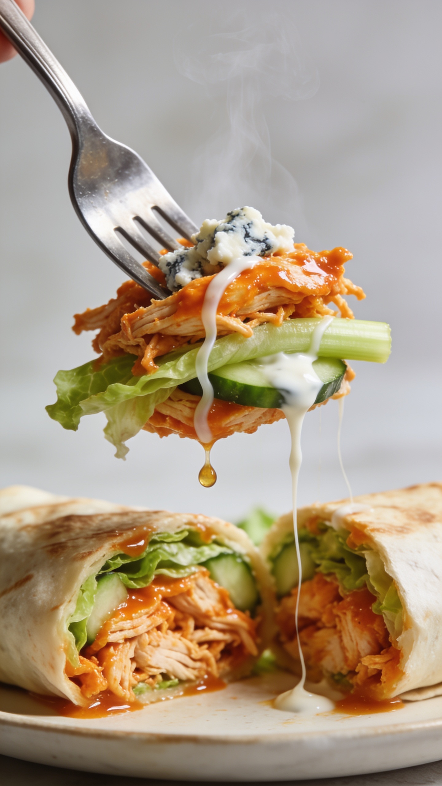 Dynamic action close-up capturing the moment a fork lifts the perfect bite from a cut Buffalo chicken wrap half, one second before it reaches someone’s mouth. The fork prongs hold a stacked bite: shredded Buffalo chicken glistening with orange sauce, a strand of romaine, a sliver of celery, a bit of cucumber, a crumble of blue cheese, and a delicate ribbon of creamy white ranch stretching from the wrap. The remaining wrap half sits in the background, cross-section facing camera with glossy sauce and crisp greens visible. A few micro-droplets of Buffalo sauce cling and a faint wisp of steam rises. Bright natural lighting, shallow depth of field, food filling 90–95% of frame, motion frozen at peak anticipation, no hands or people.