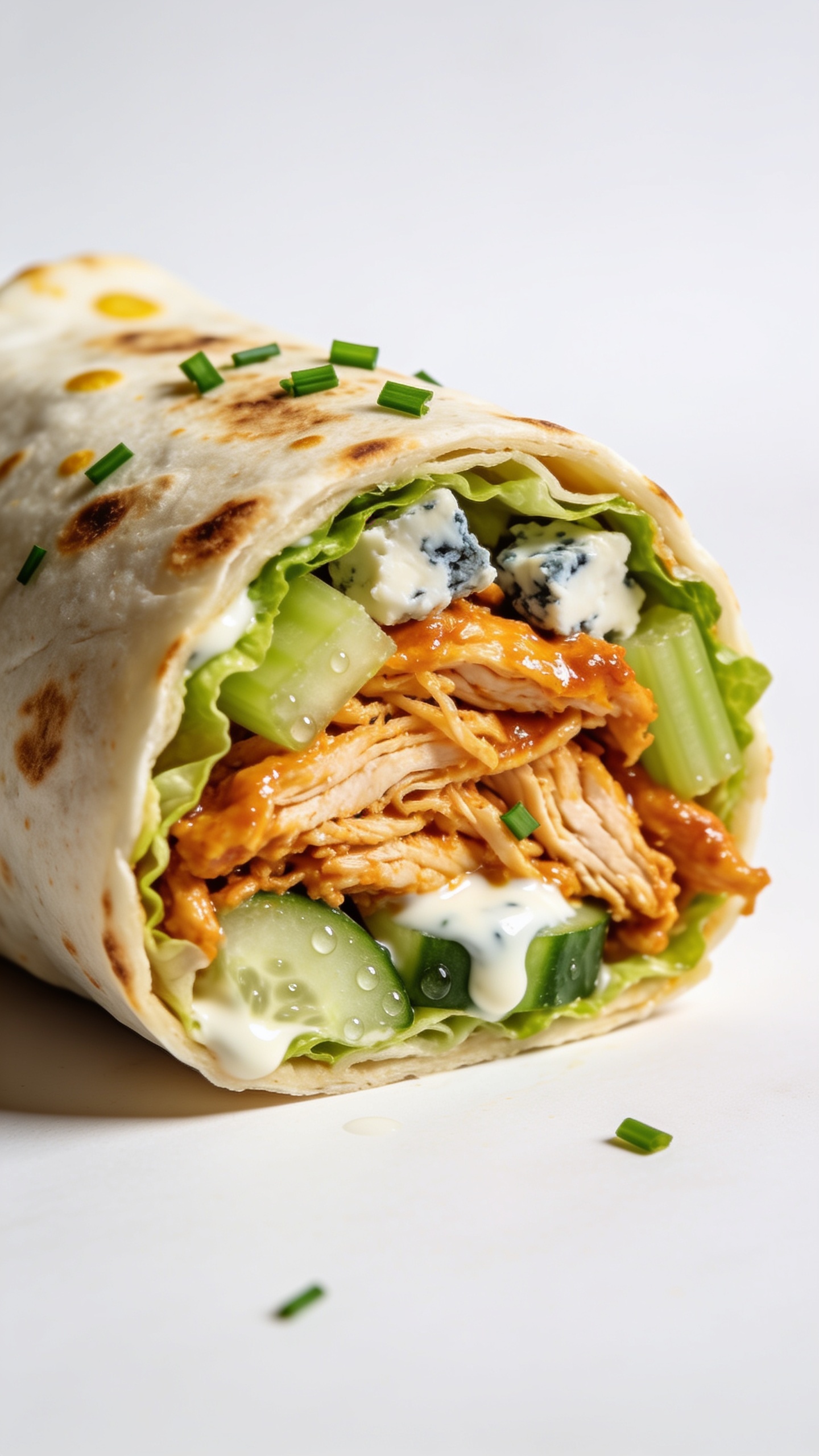 Extreme close-up of a single wrap half lying on its side with the cut face angled 45 degrees toward the lens, filling 90–95% of the frame. Emphasize juicy textures: glistening shredded Buffalo chicken packed into tight layers, crunchy romaine and celery adding crisp edges, tiny beads of moisture on cucumber, and a lacy drizzle of creamy ranch pooling slightly in the crevices. Lightly charred tortilla with golden-brown freckles and soft, pliable edges. A few blue cheese crumbles nestled within, flecks of fresh chopped chives scattered over the cut surface. Bright natural side light, shallow depth of field, clean minimal backdrop, rich color contrast, premium food-blog styling, no text, no hands.
