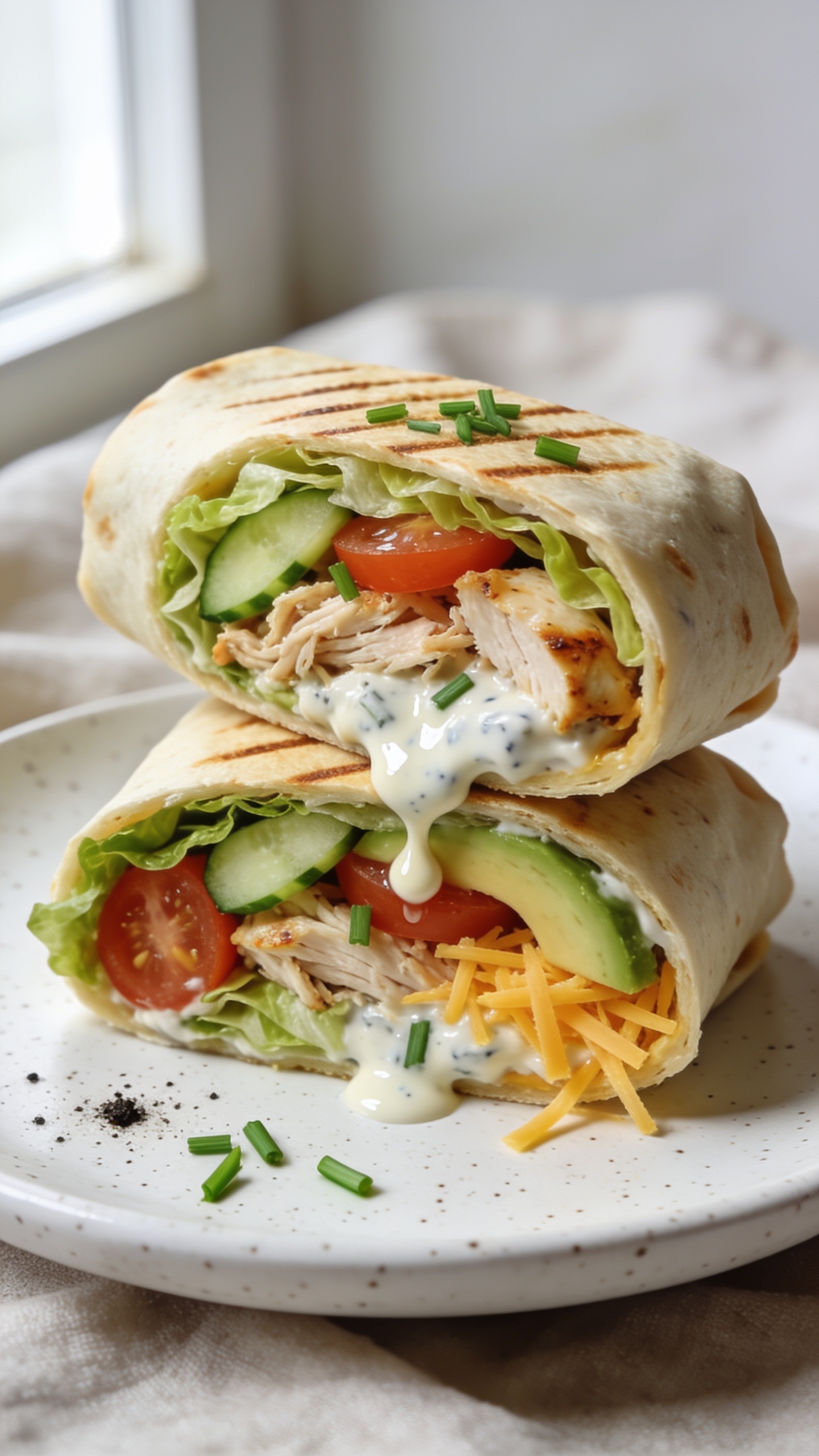 Ultra-close hero shot of a halved high-protein rotisserie chicken ranch wrap, tightly rolled in a warm flour tortilla with light grill marks, cut on a sharp bias to reveal juicy shredded rotisserie chicken, creamy speckled ranch-Greek yogurt sauce, crisp romaine ribbons, thin-sliced English cucumber, cherry tomato halves, sliced avocado, shredded cheddar, and fresh chopped chives. One half stacked slightly on the other so the glossy, saucy filling bulges at the seam, a few droplets of ranch glistening on the cut surface. Bright natural window light from the left, shallow depth of field, white speckled ceramic plate with a few flecks of black pepper and stray chives, soft linen in neutral tones in the background. Food fills 90–95% of the frame, colors vibrant, textures crisp and creamy, premium food-blog styling.