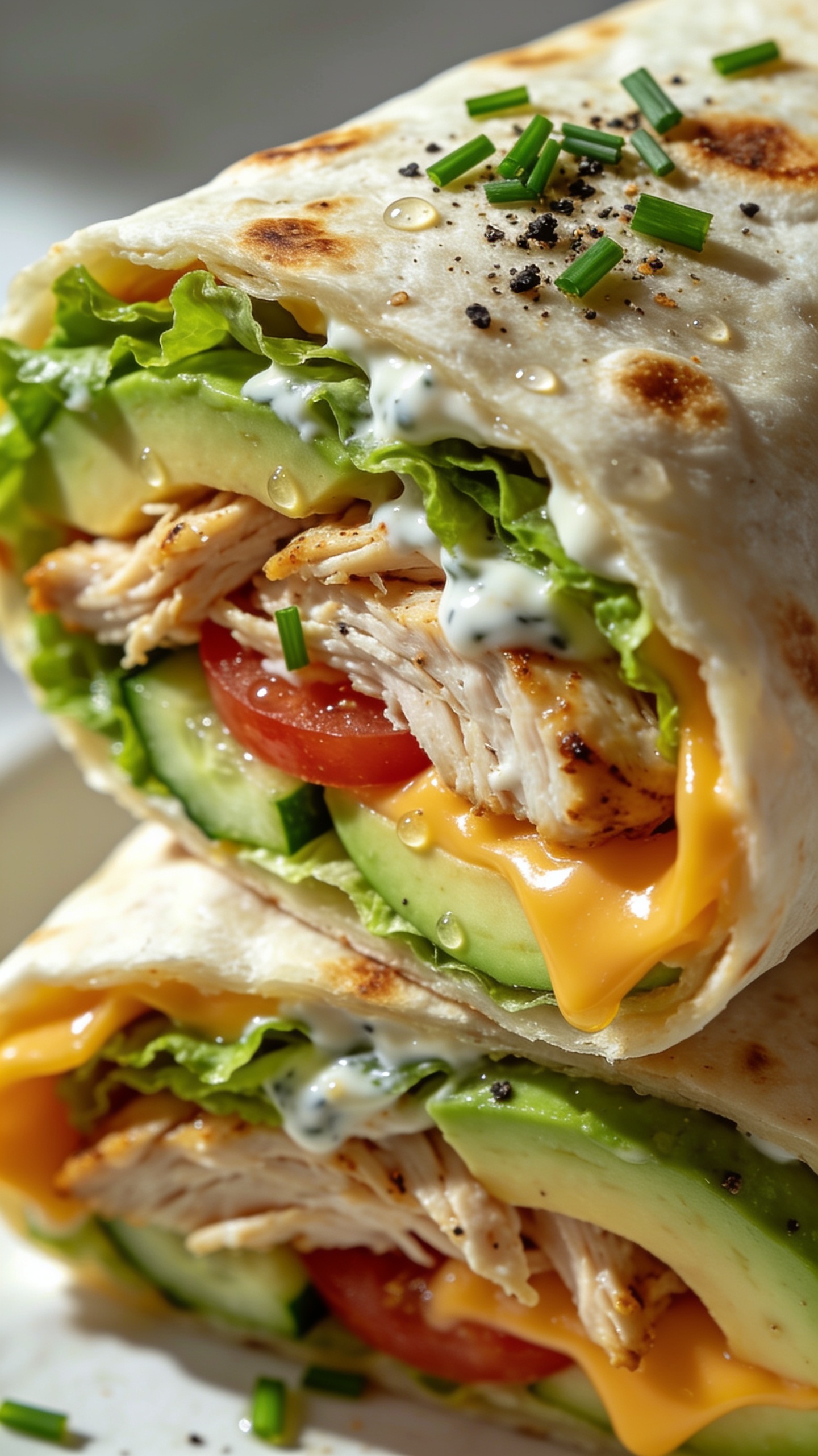 Extreme macro angle from the side of the same wrap, tightly framed on the cut surface: layers of juicy rotisserie chicken fibers coated in ranch, vivid green romaine, cucumber crunch, ruby tomato, pale green avocado slices, and melty cheddar pockets, all tucked into a lightly toasted flour tortilla with delicate blistering. A scatter of freshly chopped chives and cracked black pepper sprinkled over the exposed filling, tiny beads of dressing gleaming. Bright natural backlighting for translucence, shallow depth of field with only the front strata razor sharp. Minimal props; food dominates 90–95% of the frame for a rich, fresh, irresistible look.