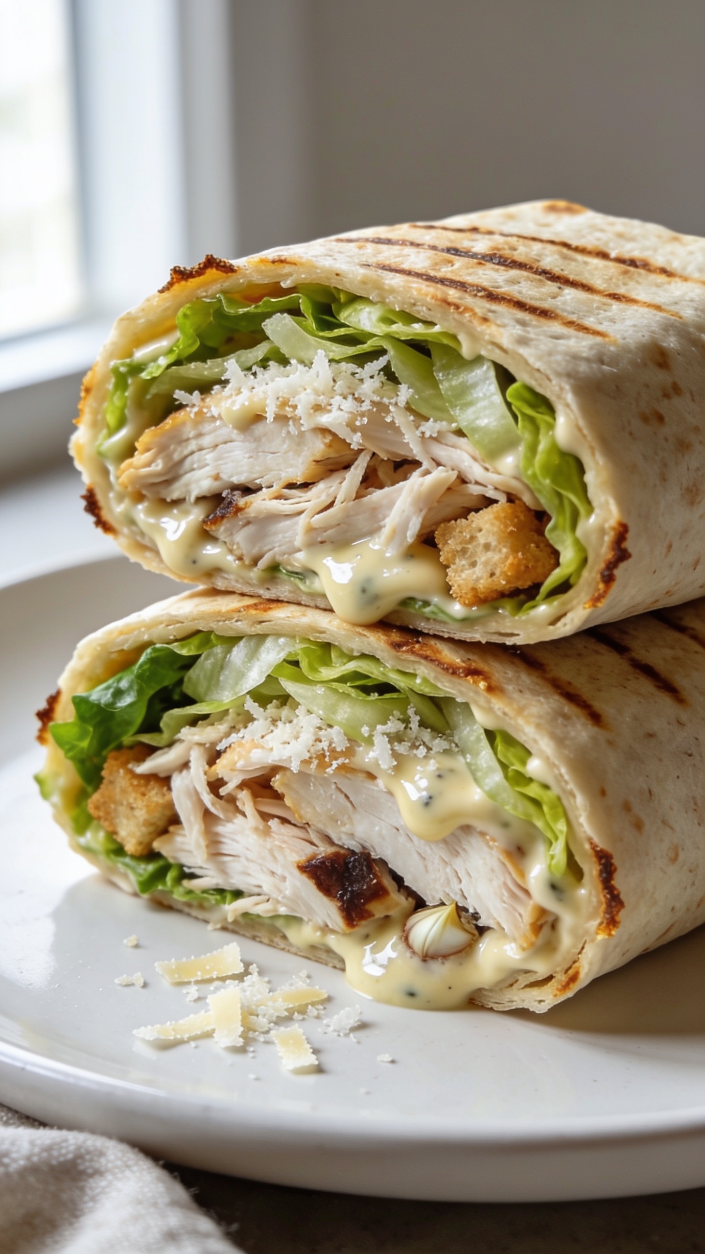 Hero image: Ultra close-up of a neatly sliced-in-half High Protein Rotisserie Chicken Caesar Wrap on a matte white plate, halves stacked slightly offset to reveal the juicy filling. Visible layers: shredded rotisserie chicken (mostly white meat with a few darker pieces), crisp romaine ribbons, finely grated Parmesan, golden toasted whole-wheat tortilla with light grill marks, and glossy, tangy Caesar dressing clinging to the chicken. A few crunchy garlic crouton crumbs tucked inside and a light scatter of extra Parmesan shavings on the plate. Bright natural window light from the left, shallow depth of field, vibrant greens and creamy dressing pop, tortilla edges slightly crisp. No hands, no text; food fills 90–95% of frame, premium food-blog styling with a clean, neutral background and a soft linen hint in the corner to keep focus on the wrap.