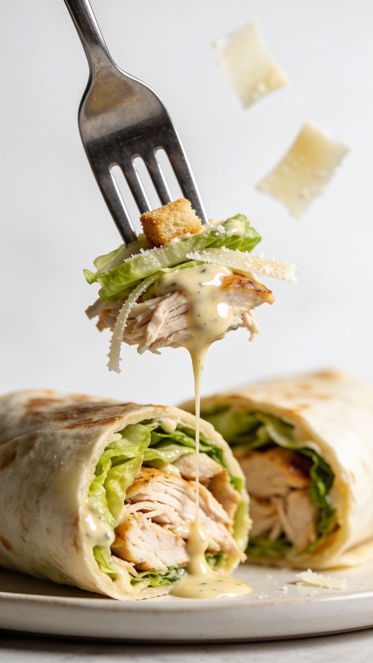 Action bite: Extreme close-up, a stainless-steel fork lifting the perfect bite from the sliced Caesar wrap—spearing a compact mouthful that includes shredded rotisserie chicken glossy with Caesar dressing, a strip of romaine, a strand of Parmesan, and a tiny crouton crumb, with a gentle string of dressing stretching back to the cut face of the wrap. The remaining wrap half sits blurred behind, cut side facing camera, showing juicy textures and crisp greens. Bright natural light, shallow depth of field, dressing glistening, a couple of Parmesan shavings softly out of focus falling in the background to add motion. No hands or faces; utensil only. Food fills 90–95% of frame, same styling and plate as image