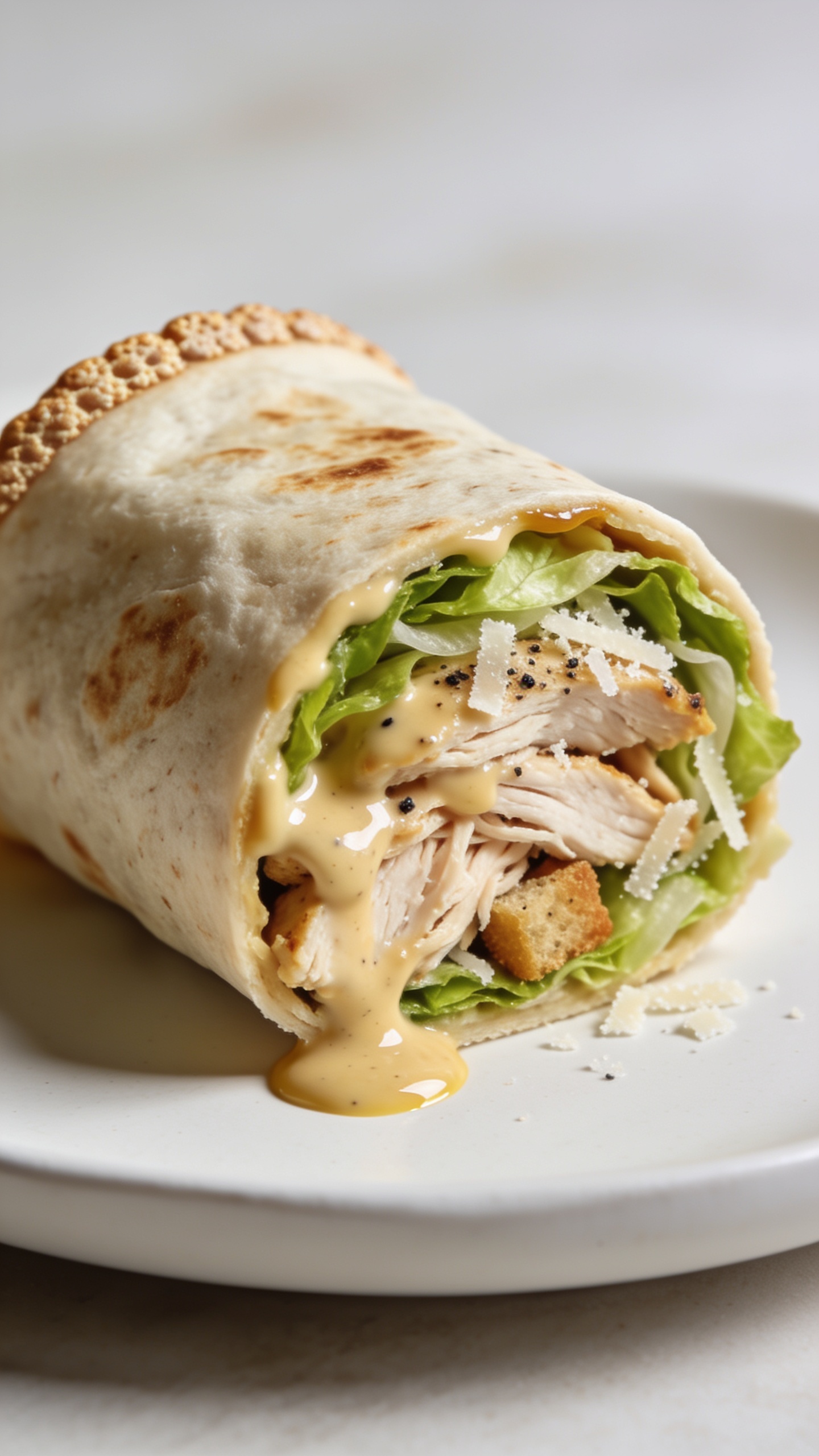 3. Close-up angle variation: Macro side-angle of the same sliced High Protein Rotisserie Chicken Caesar Wrap on the same matte white plate, focusing on the cut cross-section. Emphasize juicy shredded chicken coated in glossy Caesar, ribbons of fresh romaine, specks of black pepper, fine Parmesan shavings, and a few tiny crouton bits nestled in. Tortilla is whole-wheat, lightly toasted with subtle browning and a soft crackle at the edge. A delicate drizzle of extra Caesar dressing pools slightly at the lip of the cut side for sheen. Bright natural lighting, shallow depth of field, neutral background blur, food filling 90–95% of frame, cohesive with the first two images in color, props, and styling.