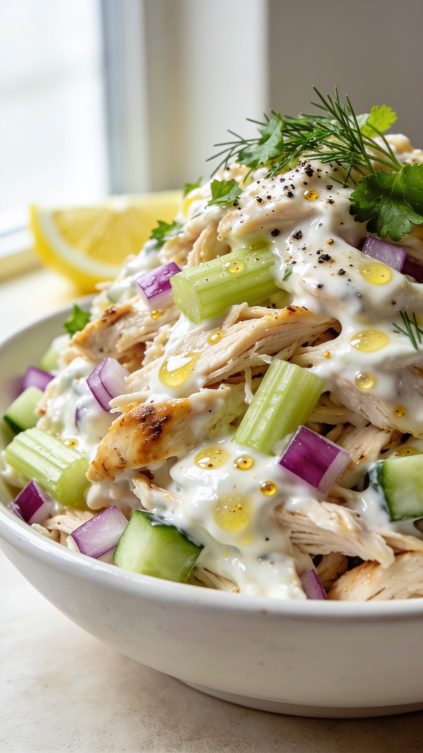 Ultra close-up hero shot of a creamy rotisserie chicken Greek yogurt salad piled high in a shallow white bowl, filling 90–95% of the frame. Visible chunks of juicy shredded rotisserie chicken folded into glossy Greek yogurt dressing with micro-beads of lemon, specks of Dijon, and a light sheen. Crisp celery half-moons, finely diced red onion, and small cucumber cubes scattered throughout for crunch and color. Freshly chopped dill and parsley sprinkled on top, with a light dusting of cracked black pepper and a wedge of lemon barely peeking in the back for brightness. Bright natural window light from the side, shallow depth of field with the front edge of the salad tack sharp and the background drifting buttery soft. Clean, neutral surface and no text or hands—premium food-blog styling and vibrant, fresh tones.
