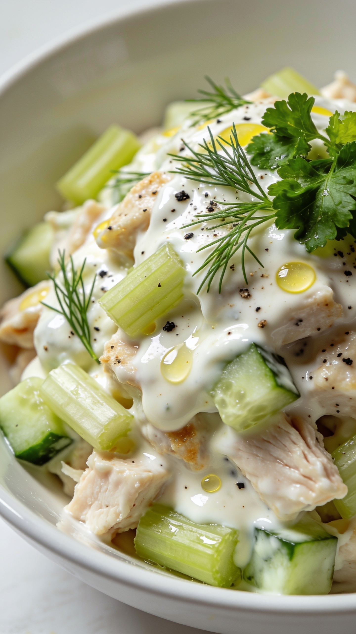 Tight macro overhead-to-angled close-up of the same finished salad mounded in the white bowl, emphasizing luscious creamy coating and crunchy mix-ins. Focus on the glistening yogurt dressing pooling gently in crevices, cracked black pepper speckles, vivid green dill and parsley, pale green celery crescents, and cool cucumber cubes against tender chicken pieces. A few tiny droplets of lemon juice visible on the surface for freshness. Bright natural side light creates soft highlights on the glossy dressing; shallow depth of field isolates the center mound while edges fade to blur. Clean, minimal background; food dominates 90–95% of frame with cohesive, premium styling matching the other images.