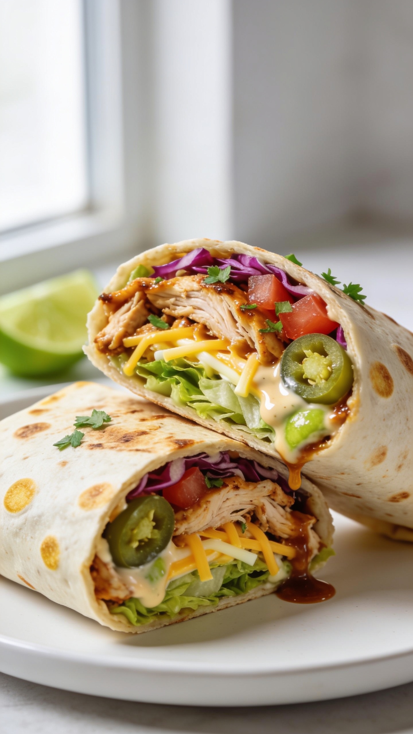 Extreme close-up hero shot of a sliced-open high-protein rotisserie chicken taco wrap on a matte white plate, filling 90–95% of the frame. Inside the halved wrap: juicy shredded rotisserie chicken tossed in a glossy chipotle-lime yogurt sauce, melted cheddar and Monterey Jack strands, crisp romaine, thinly sliced red cabbage, diced ripe tomatoes, sliced jalapeños, and a sprinkle of chopped cilantro, all tucked in a lightly toasted high-protein flour tortilla with golden blistered spots. A small drizzle of sauce peeks from the seam, lime wedge blur in the background. Bright natural window light from the side, shallow depth of field, vivid colors, premium food-blog styling, clean neutral background.