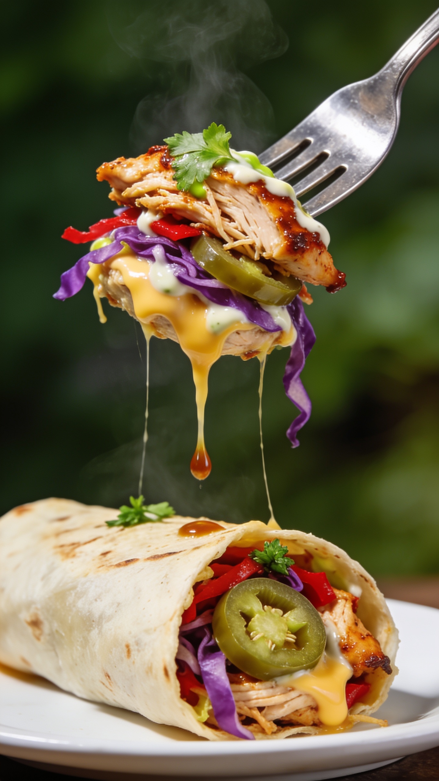 Dynamic action close-up: a stainless fork lifting the perfect bite from the open end of the same taco wrap, one second before it reaches a mouth. The fork holds a stacked bite of juicy shredded rotisserie chicken glazed in chipotle-lime yogurt sauce, a strand of melted cheese stretching back to the wrap, a ribbon of purple cabbage, a jalapeño ring, and a fleck of cilantro. A glossy drip of sauce hangs from the bite mid-fall, faint steam visible. The wrap sits below, slightly squeezed open on a white plate, 90–95% of the frame filled by food. Bright natural light, shallow depth of field, vibrant greens, reds, and purples, no hands visible, premium magazine-style tension and movement.