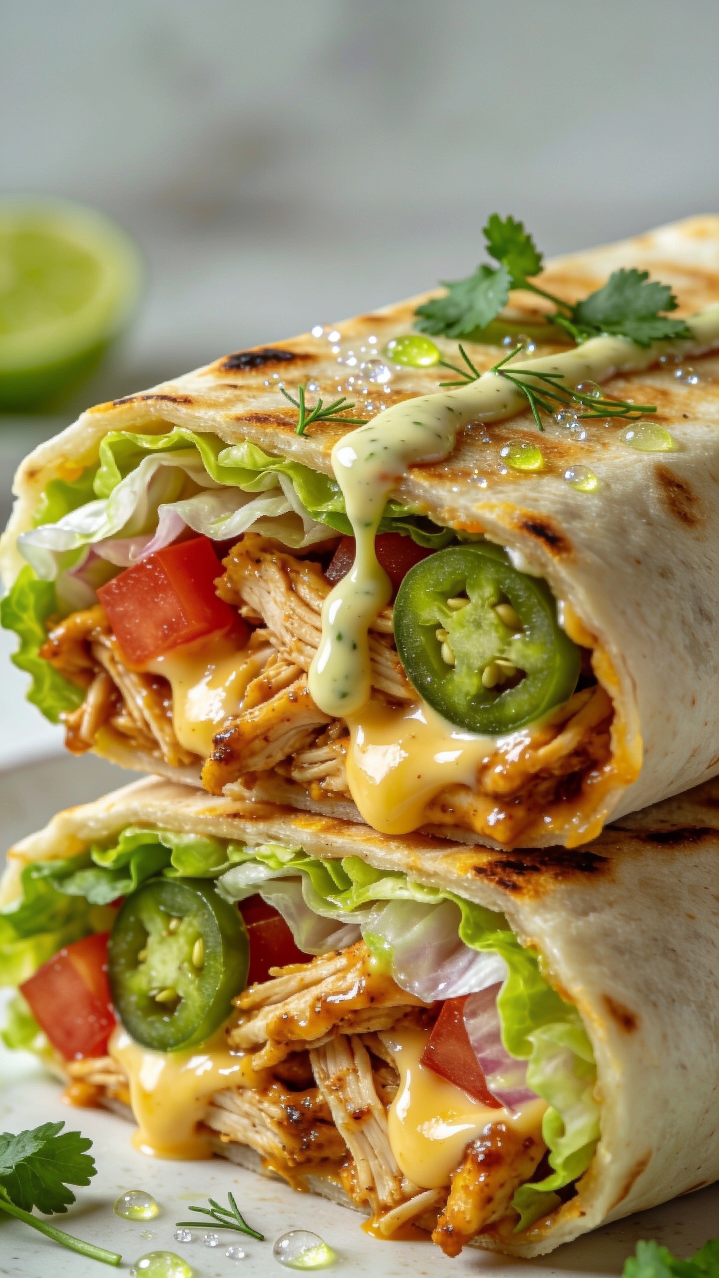 Ultra close-up angled shot of the same taco wrap cut in half and stacked so the cross-section faces the camera, filling 90–95% of the frame. Focus on textures: glistening shredded chicken coated in creamy chipotle-lime sauce, cheese softly melted into the meat, crisp lettuce and cabbage edges, juicy tomato cubes, jalapeño slices, and fresh cilantro scattered. Micro-beads of lime juice sparkle on the surface, tortilla edges lightly charred and golden. A thin drizzle of extra chipotle-lime yogurt sauce trails across the cut face of the top half. Bright natural lighting, shallow depth of field, neutral background blur, rich and irresistibly fresh.