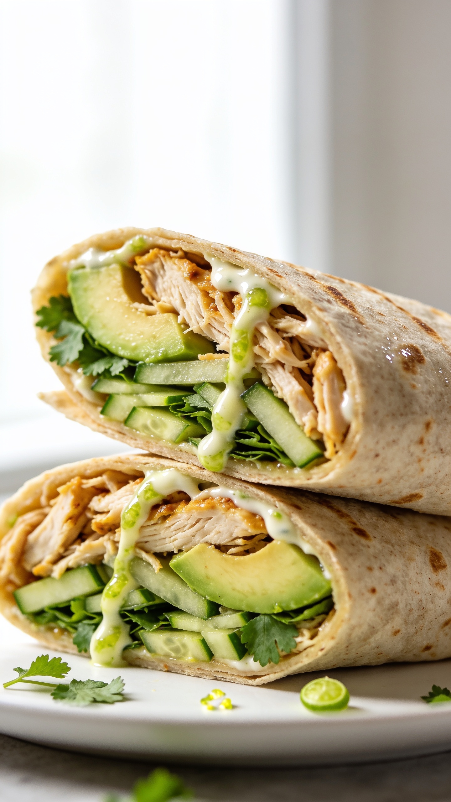 Extreme close-up hero shot of a tightly rolled High Protein Rotisserie Chicken Avocado Wrap, cut on a sharp diagonal and stacked so one cut face fills the frame, revealing juicy shredded rotisserie chicken, creamy ripe avocado slices, thin cucumber matchsticks, fresh cilantro, and a glossy drizzle of tangy yogurt-lime sauce threading through the layers; soft whole-wheat high-fiber tortilla with light toast marks and a slight sheen; vibrant greens and pale avocado contrasting with golden chicken; bright natural window light, shallow depth of field, minimal neutral backdrop and a matte white plate mostly out of focus; food occupies 90–95% of frame, premium food-blog styling with a few micro cilantro leaves and lime zest flecks.
