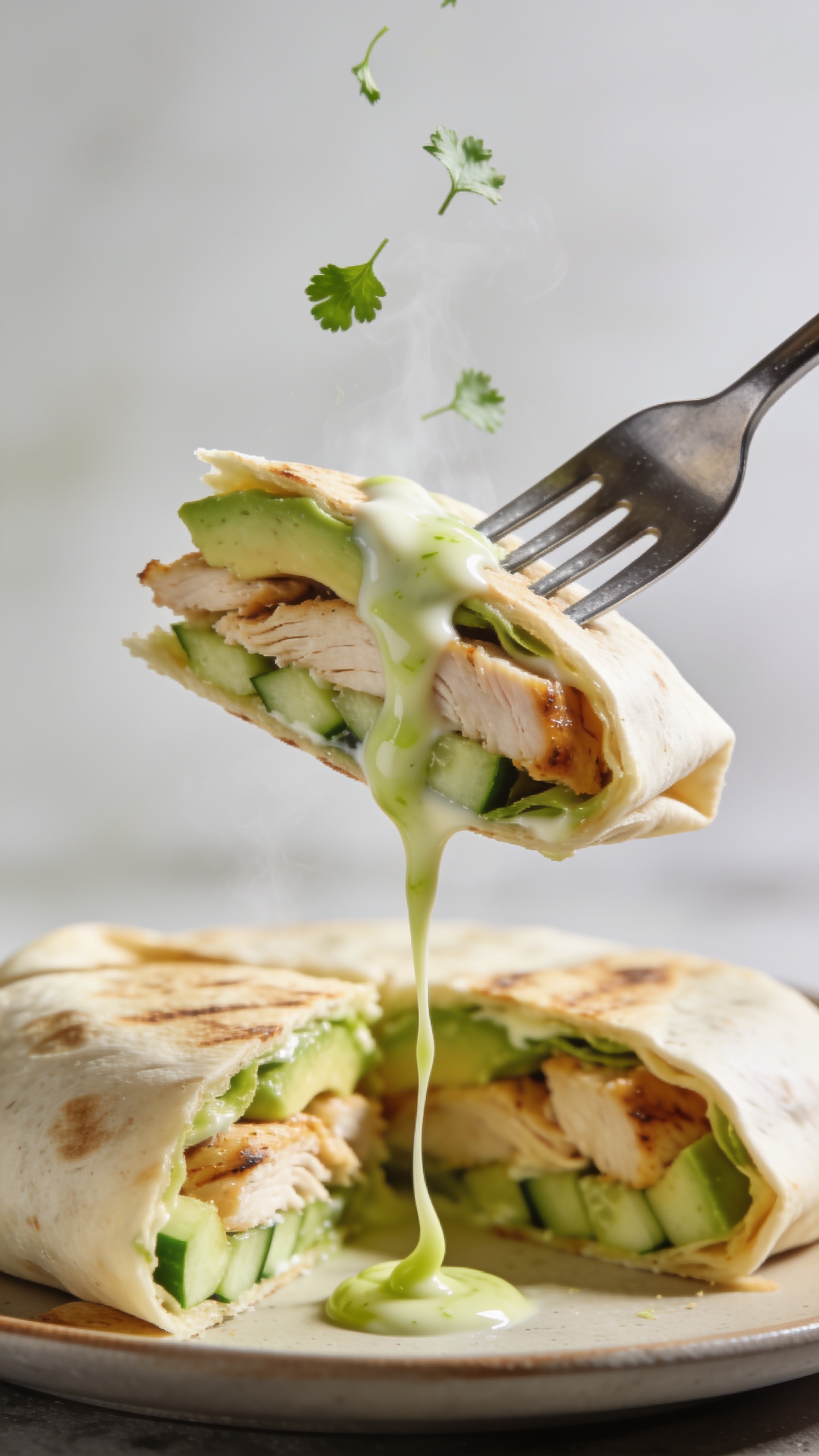 Dynamic action close-up of the same wrap showing a single perfect bite being lifted by a fork from the freshly cut piece: the fork tines pierce a layered wedge of tortilla, juicy rotisserie chicken, creamy avocado, and crunchy cucumber, with glossy yogurt-lime sauce trailing in a silky ribbon and a few micro cilantro leaves falling mid-air; steam hints subtly from the freshly assembled wrap; shallow depth of field isolates the bite against the blurred remainder of the cut wrap on a neutral plate; bright natural light highlighting moisture and textures; no hands, only the utensil and food, filling 90–95% of the frame with irresistible movement.