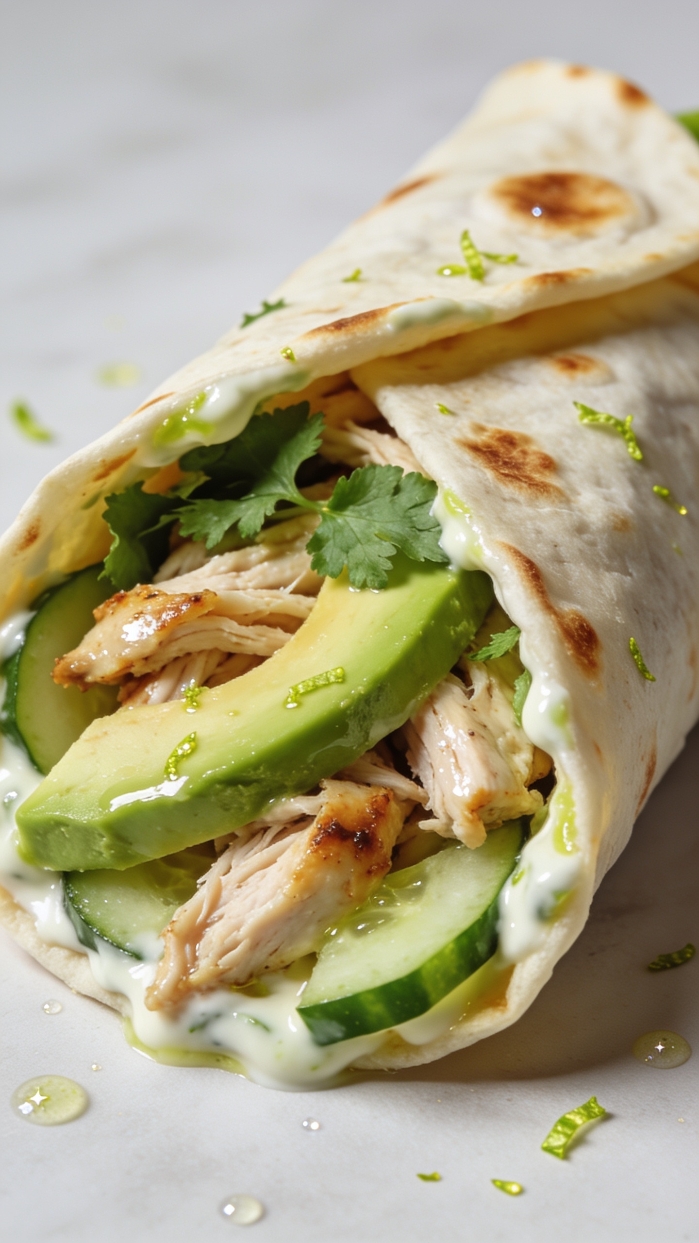 Macro close-up from a lower 3/4 angle of the same diagonally cut wrap laid open-faced to showcase textures: glistening shreds of rotisserie chicken nestled with thick avocado slices, crisp cucumber, and fresh cilantro, all bound by a shiny drizzle of yogurt-lime sauce pooled lightly in the tortilla’s folds; tortilla edges show gentle toast blisters and soft pliability; a few scattered lime zest specks and tiny droplets of sauce add sparkle; bright natural lighting, shallow depth of field, neutral background, food filling 90–95% of the frame for a cohesive, premium food-blog look.