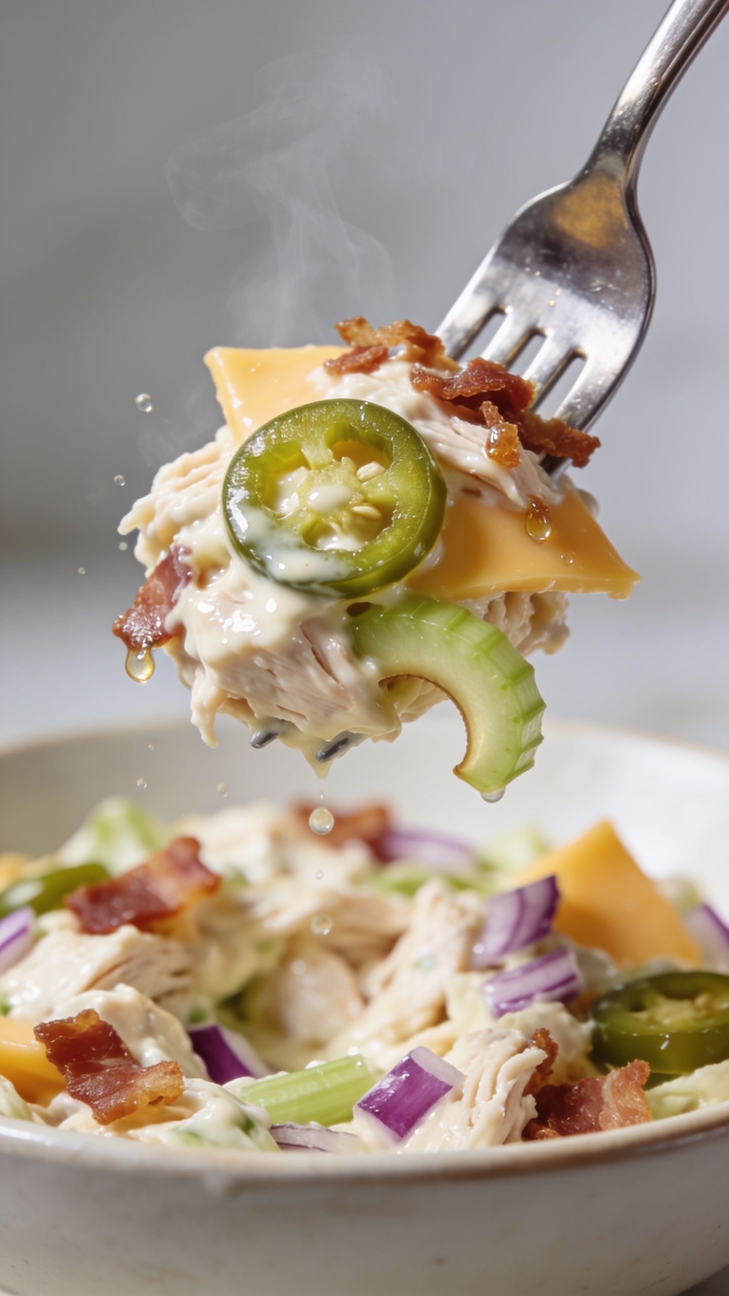 Dynamic action close-up: a polished fork lifting the perfect bite of the same chicken salad one inch above the bowl, captured a split-second before it reaches the mouth. The fork prongs hold a heaped, cohesive bite with visible strands/chunks of chicken coated in glossy creamy dressing, a thin ring of fresh jalapeño, a shard of melted-into cheddar, a crisp celery crescent, a few red onion bits, and crumbled crispy turkey bacon clinging on. Micro droplets of dressing glint in the light; faint steam wisping as if freshly mixed. Background is the same bowl of salad softly blurred, bright natural lighting, shallow depth of field, 90–95% of frame filled with food and the fork bite. No hands, no text.