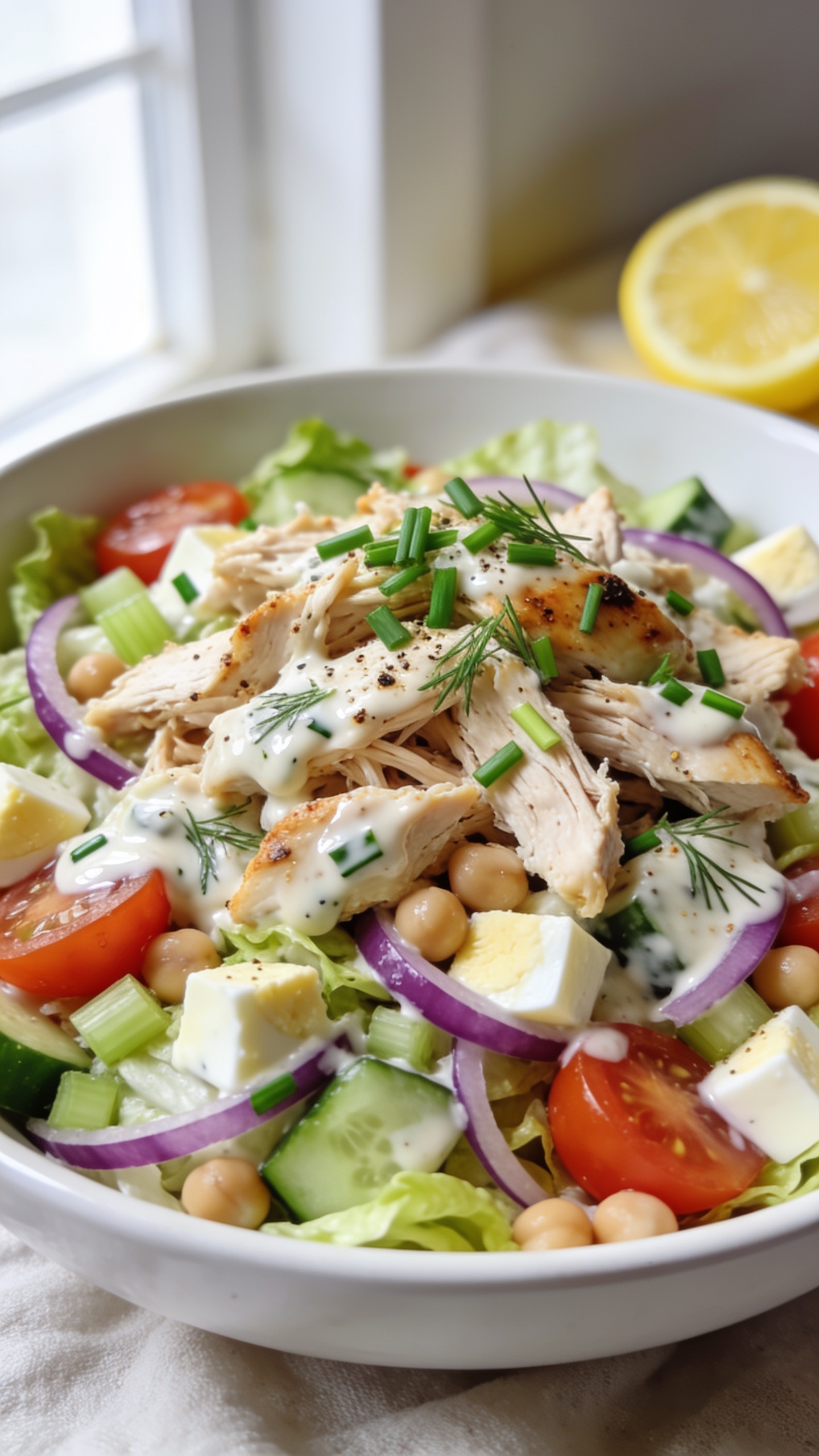 Ultra-close hero shot of a high-protein ranch rotisserie chicken salad in a shallow, wide white bowl, filling 90–95% of the frame: juicy pulled rotisserie chicken chunks, finely chopped crisp romaine, halved cherry tomatoes, diced cucumber, thin-sliced red onion, chopped celery, and small cubes of hard-boiled egg and chickpeas tossed throughout. Everything lightly coated in a glossy creamy Greek-yogurt ranch dressing with visible flecks of dill, chives, and cracked pepper. Garnished with extra fresh chives and a squeeze of lemon in the background blur. Bright natural window light from the left, shallow depth of field, soft linen beneath, minimal props, vibrant colors and moist textures, premium food-blog styling.