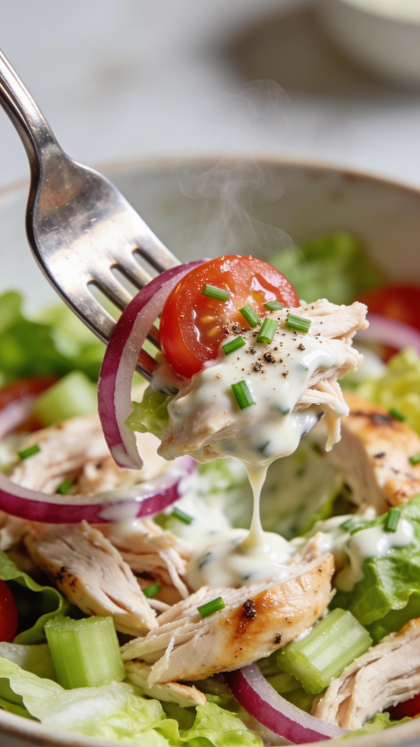 Dynamic action close-up capturing the irresistible bite: a polished fork lifting the perfect mouthful of the same salad one second before the bite—shredded rotisserie chicken, a jewel-like cherry tomato half, a ribbon of red onion, crunchy celery and romaine, all glistening with creamy ranch dressing that lightly strands between the fork and the bowl. Fresh minced chives and cracked pepper sprinkled on the bite, with faint wisps of steam suggesting freshly prepped chicken. Background bowl remains in soft blur, bright natural lighting, shallow depth of field, food filling 90–95% of frame, no hands or people, rich textures and vibrant greens, reds, and creamy whites.