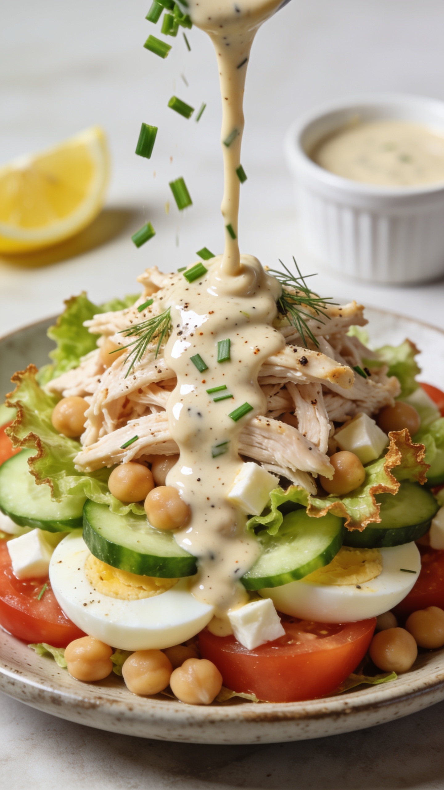 Macro close-up from a different angle of the same finished salad piled high on a matte ceramic plate: emphasis on the glossy ranch-coated chicken shreds, crunchy romaine edges, chickpeas and diced hard-boiled egg nestled between crisp cucumbers and tomatoes. A slow drizzle of extra ranch dressing frozen mid-pour over the top, catching light and highlighting pepper, dill, and chive speckles. Freshly chopped chives “caught” in midair falling onto the salad. Bright natural side light, shallow depth of field, bokeh background with a blurred lemon wedge and small ramekin of dressing, food filling 90–95% of frame, premium, fresh, and craveable.