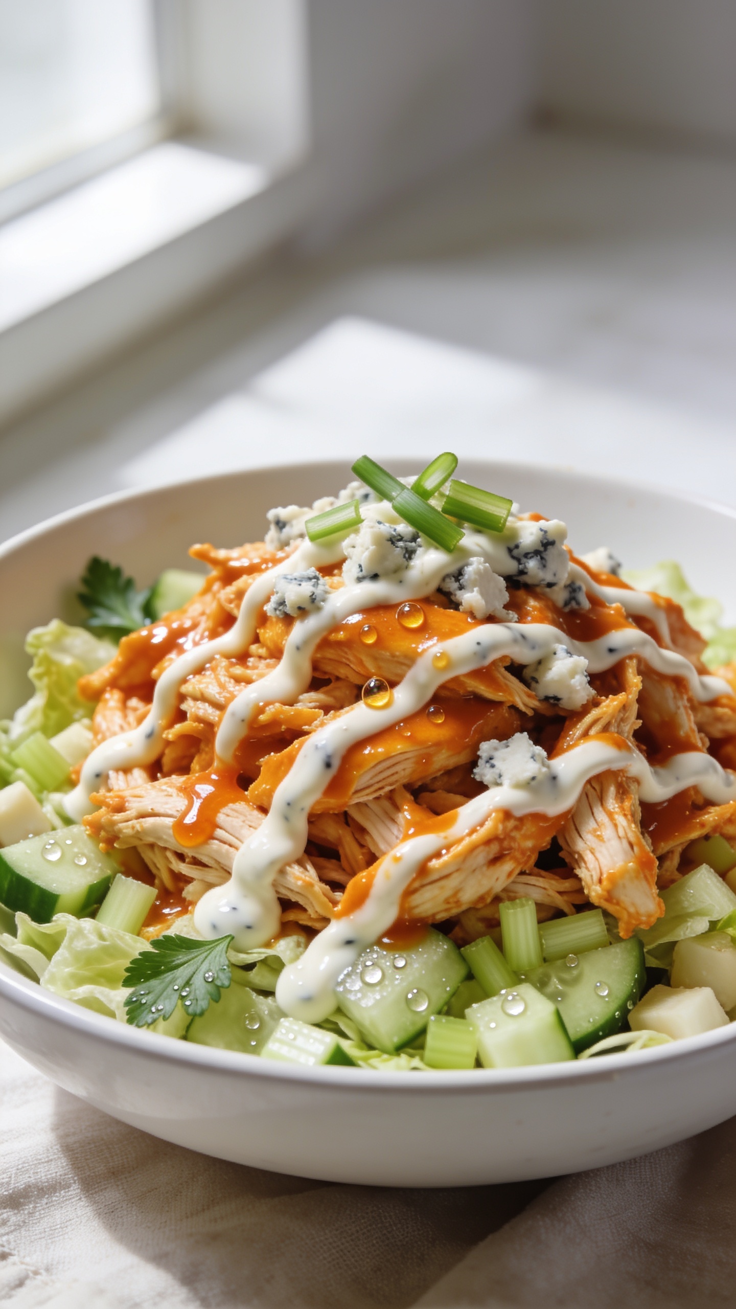 Ultra-close hero shot of a High Protein Buffalo Rotisserie Chicken Salad in a wide, shallow white bowl, filling 90–95% of the frame. Shredded rotisserie chicken tossed in glossy bright-orange buffalo sauce is piled over a bed of finely chopped romaine and crisp cucumbers, with diced celery for crunch. A creamy high-protein ranch-style drizzle ribbons over the top, with crumbled blue cheese scattered lightly and a few thinly sliced green onions for freshness. Tiny droplets of buffalo sauce glisten on the chicken, micro-beads of moisture on the cucumbers, and a few celery leaves as garnish. Bright natural window light from the left, soft shadows, shallow depth of field focusing on the saucy chicken and creamy drizzle, background softly blurred with a neutral, matte white surface and subtle linen texture. No text, no hands, no people—just the salad looking vibrant, juicy, and irresistible.