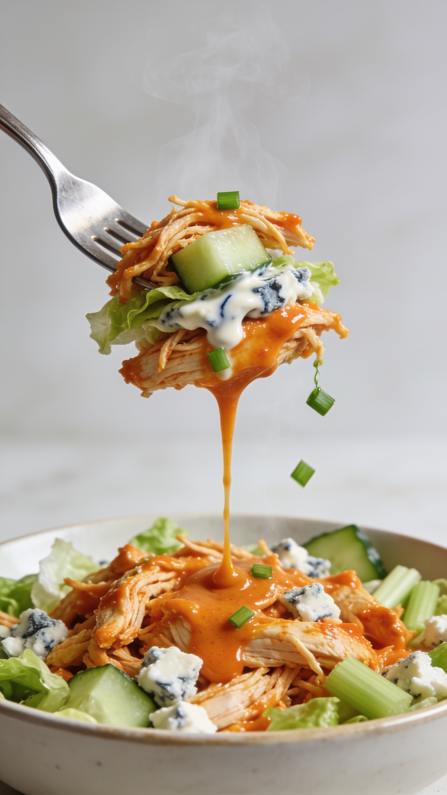 Dynamic action close-up capturing a fork lifting the perfect bite from the same buffalo rotisserie chicken salad, one second before it reaches the mouth. The fork tines hold a stacked bite: a strand of shredded buffalo chicken coated in glossy orange sauce, a crisp cucumber chunk, a bit of romaine, and a crumble of blue cheese streaked with creamy high-protein ranch. A thin ribbon of buffalo sauce trails from the bite back to the bowl, frozen mid-drip, with a few flecks of green onion clinging. Steam subtly rises from the freshly tossed chicken. The bowl below fills the remaining frame with saucy chicken, chopped romaine, cucumbers, celery, and scattered blue cheese. Bright natural lighting, shallow depth of field locking focus on the lifted bite and sauce drip, premium food-blog styling, no hands or people—only the utensil visible.