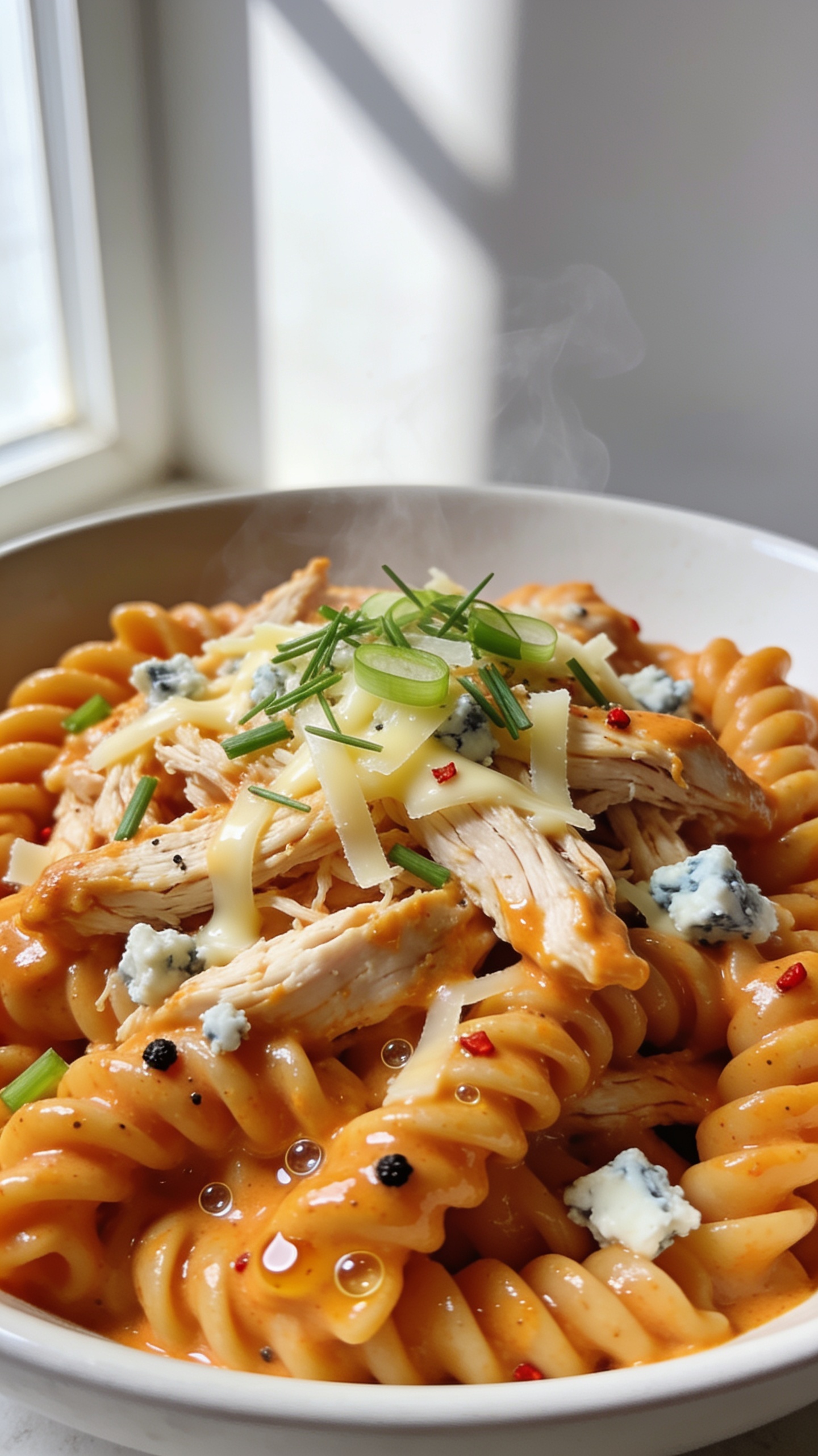 Extreme close-up hero image of High Protein Rotisserie Chicken Buffalo Pasta: al dente rotini coated in glossy, creamy buffalo-orange sauce (Greek yogurt and a touch of cream cheese sheen), generously folded with juicy shredded rotisserie chicken, scattered with melted mozzarella shreds and a light crumble of blue cheese, garnished with finely chopped fresh chives and a few thinly sliced green onions; small flecks of black pepper and red pepper flakes visible; a few micro-beads of sauce pooling on the pasta curves; steam subtly rising; served in a matte white shallow bowl that’s nearly filled edge-to-edge; bright natural window light from the left, soft shadow on the right; shallow depth of field focusing on the saucy spirals and chicken fibers; clean neutral background, premium food-blog styling, no text.