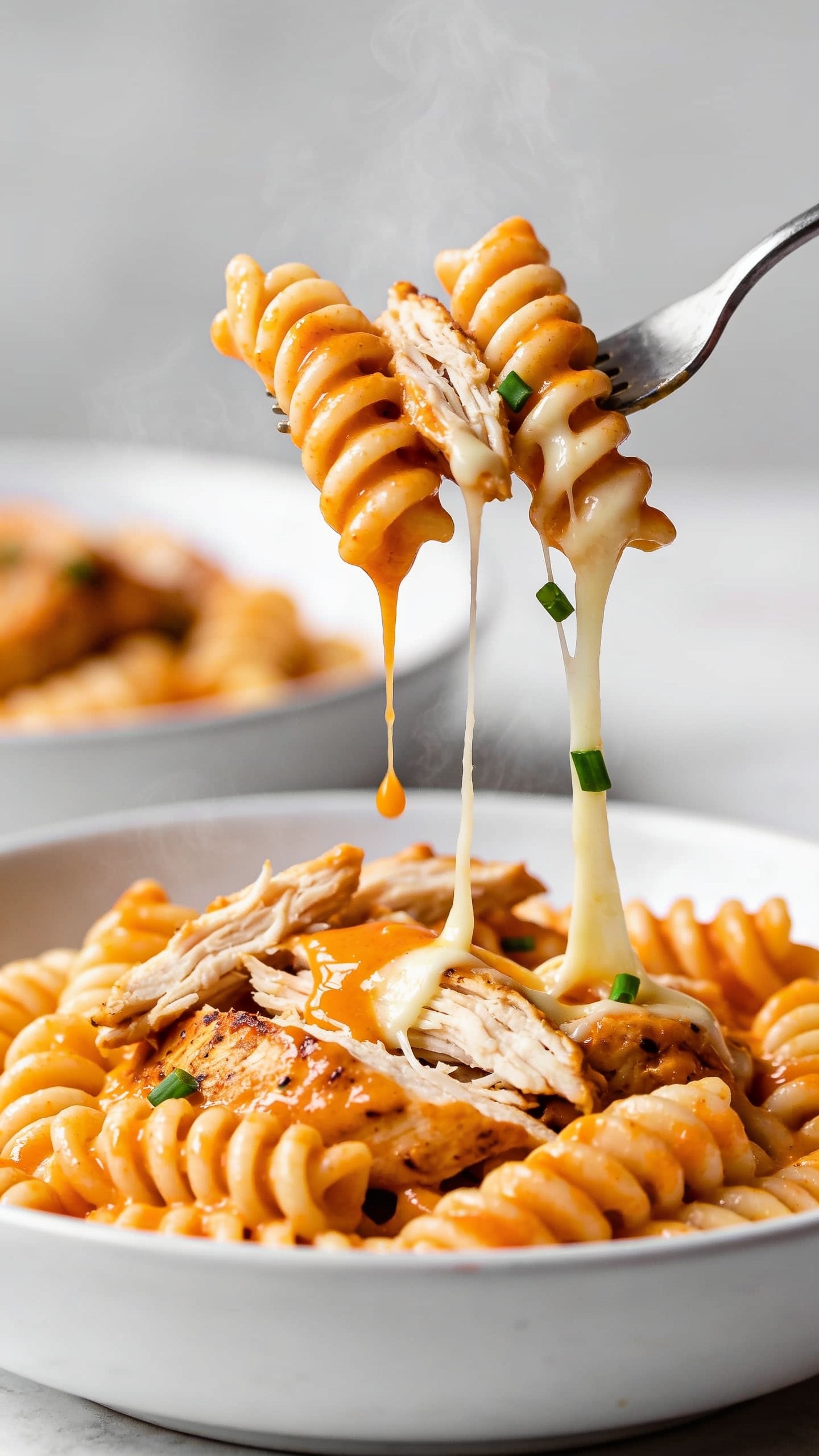 Dynamic bite moment: ultra close-up of a fork lifting the perfect bite of the same buffalo pasta one second before the mouth—two spirals of rotini wrapped around shreds of juicy rotisserie chicken, strands of melted mozzarella stretching from the bowl, a glossy drip of orange buffalo sauce suspended mid-fall, a few minced chives clinging to the sauce; background is the same nearly-full matte white shallow bowl of pasta blurred; bright natural light, shallow depth of field isolating the lifted bite; rich creamy gloss, visible steam, vibrant orange sauce against pale pasta and chicken; no hands, only the fork tip and the lifted bite in frame; food fills 90–95% of the image.