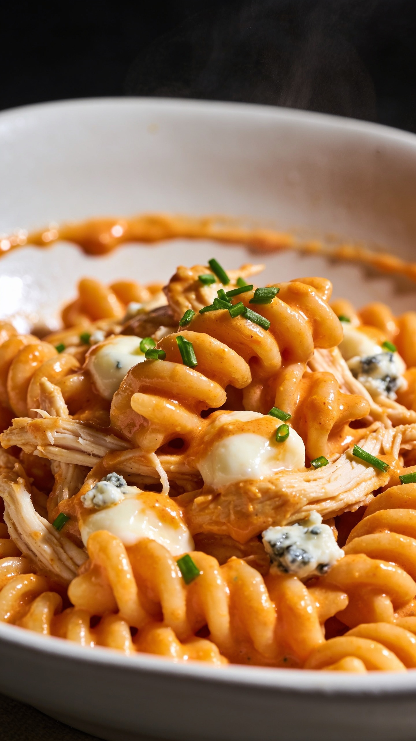 Macro close-up from a low 45-degree angle of the same finished pasta in the same matte white shallow bowl: tightly framed saucy rotini with visible ridges lacquered in creamy buffalo-orange sauce, tender shreds of rotisserie chicken woven through, tiny pockets of melted mozzarella and a few blue cheese crumbles peeking, fresh chives sprinkled over; a light buffalo sauce smear on the inner rim for texture; steam faintly rising; bright natural side light creating specular highlights on the glossy sauce; shallow depth of field emphasizing the front cluster of pasta, with the rest melting into a creamy, spicy blur; premium, vibrant, irresistible.