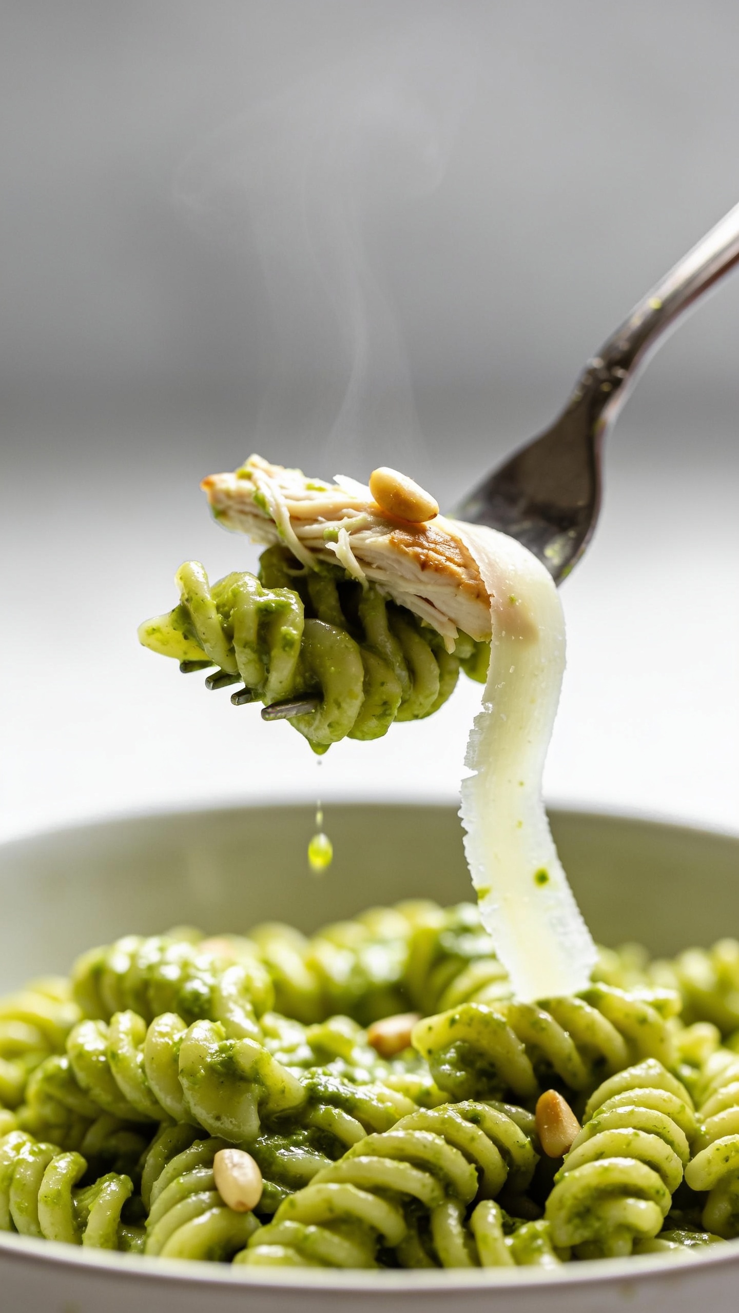 Action moment: a polished fork lifting the perfect bite of the same pesto pasta from the bowl one second before it reaches the mouth—twirled fusilli coated in glossy green pesto, a tender strand of shredded rotisserie chicken entwined, a translucent Parmesan ribbon draping, and a couple of toasted pine nuts clinging to the sauced pasta. A few micro-droplets of pesto shimmer, with faint steam rising to emphasize warmth. The bowl remains below, slightly blurred; food fills 90–95% of the frame. Bright natural light, shallow depth of field, vibrant greens, tempting movement, no hands or people visible—only the fork and the food.
