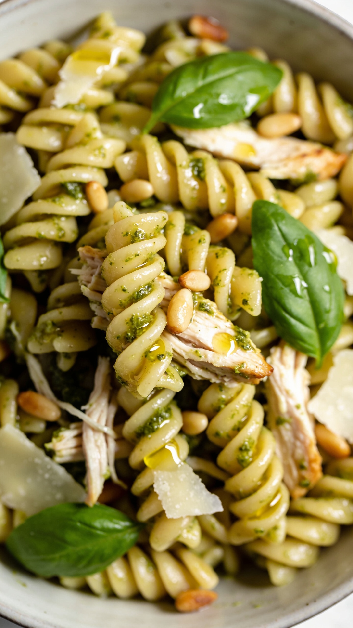 Extreme close-up angle from slightly overhead focusing on texture: the same pesto pasta densely filling the frame, curls of fusilli glistening with basil pesto, shredded rotisserie chicken nestled throughout, glossy pools of pesto in the grooves, shaved Parmesan melting slightly at the edges, toasted pine nuts adding crunch, and fresh basil leaves bright and dewy. A light finishing drizzle of olive oil catches the light for a subtle sheen. Bright natural lighting, shallow depth of field isolating a small cluster of noodles and chicken, premium food-blog aesthetic, consistent bowl and styling as the other images, no text, no hands.