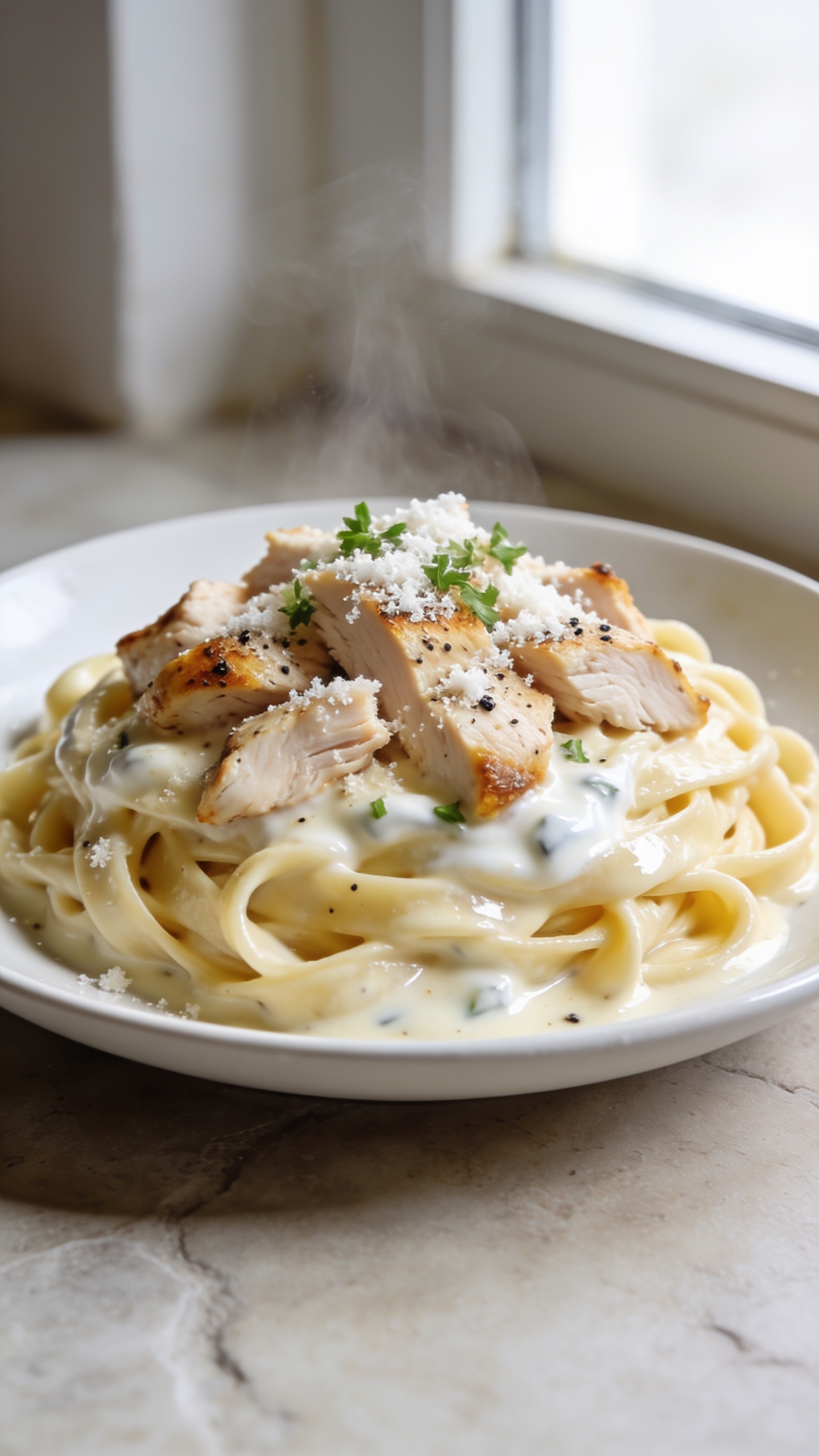 Ultra-close hero shot of High Protein Rotisserie Chicken Alfredo Pasta: al dente fettuccine swirled in a glossy, velvety Alfredo sauce enriched with Greek yogurt, topped with generous chunks of juicy rotisserie chicken, a light snowfall of freshly grated Parmesan, cracked black pepper, and a sprinkle of finely chopped parsley. A few golden, lightly crisp edges on the chicken, subtle steam rising, sauce clinging to every strand. Shot in bright natural window light on a matte white plate set over a neutral light stone surface, shallow depth of field, creamy highlights, rich textures, and warm, inviting tones. Food fills 90–95% of the frame, same plating and styling across all images.