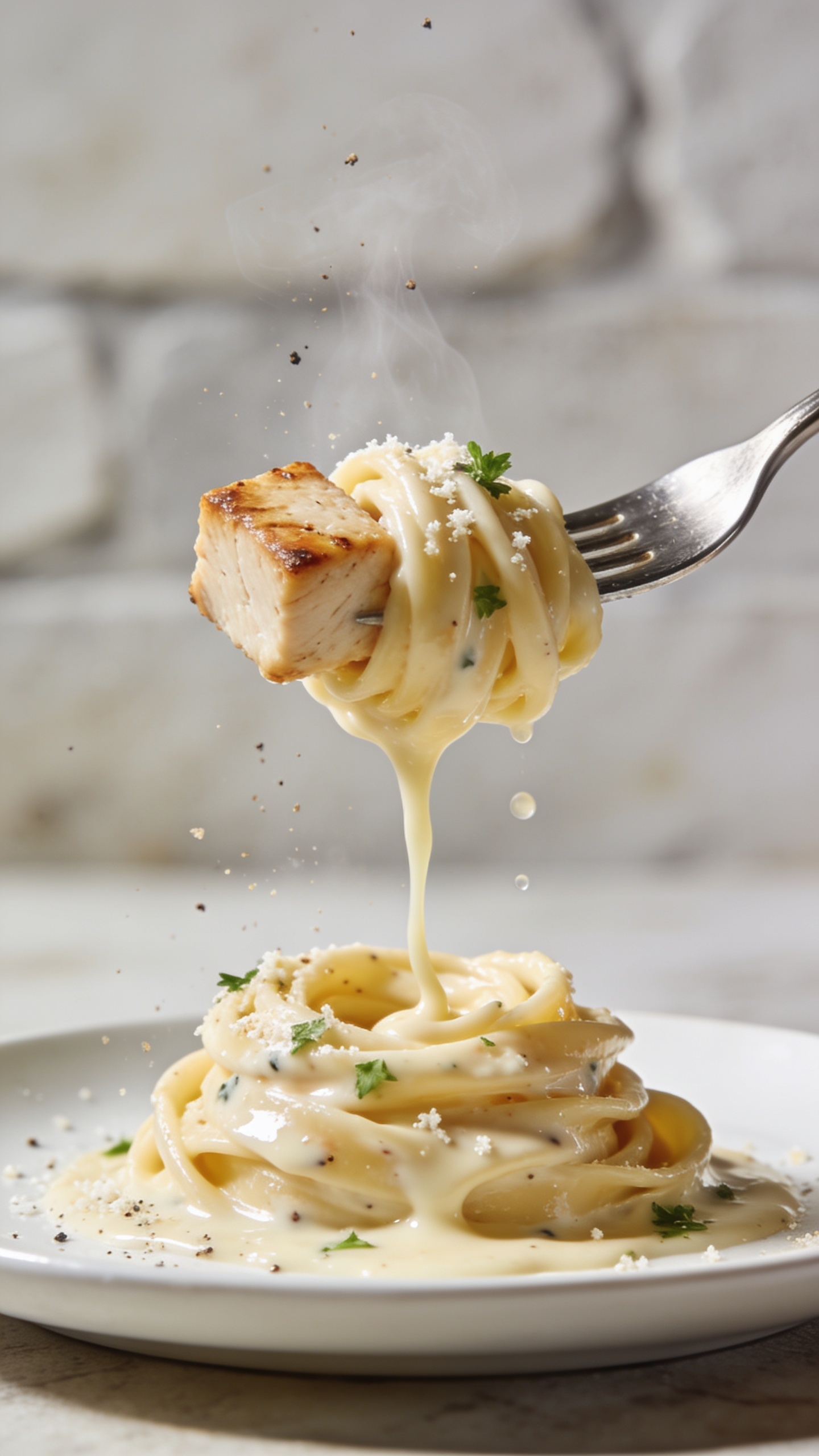 Dynamic action close-up: a polished fork lifting the perfect bite of the same High Protein Rotisserie Chicken Alfredo Pasta—two twirled strands of glossy fettuccine, a tender cube of rotisserie chicken, strands coated in silky sauce with tiny flecks of Parmesan and parsley. A thin ribbon of Alfredo trails back to the plate, micro-beads of sauce glistening, a wisp of steam visible, cracked pepper speckles catching the light. Bright natural lighting, shallow depth of field, neutral light stone background blur, food dominates 90–95% of frame. No hands, only the fork and the lifted bite in motion, same plate, same styling as image