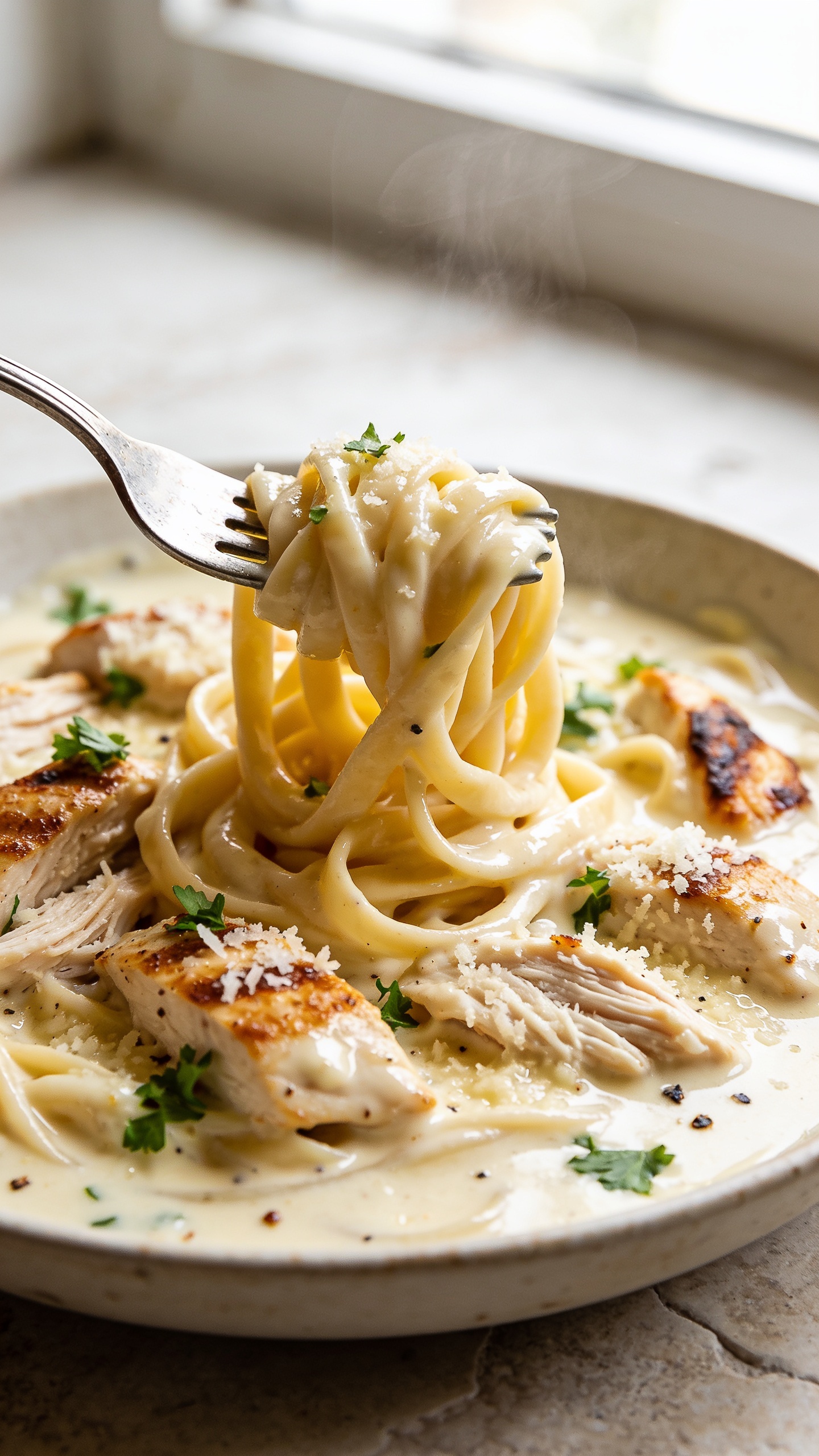 3. Extreme close-up from a lower angle of the same plated pasta: fork-twirled nest of fettuccine in the center, creamy Alfredo pooling slightly with a glossy sheen, succulent rotisserie chicken pieces nestled throughout with lightly browned edges, fine-grated Parmesan melting into the sauce, fresh parsley scattered, visible pepper flakes. Emphasize silky sauce ribbons and tender chicken fibers, subtle steam for warmth. Bright natural window light, shallow depth of field, soft bokeh on the neutral light stone surface, food filling 90–95% of the frame, consistent styling with images 1 and