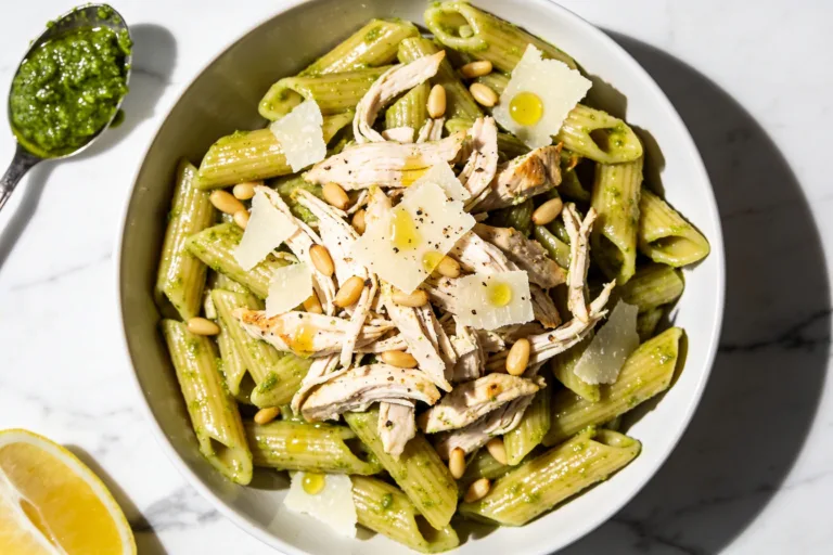 High Protein Rotisserie Chicken Pesto Pasta