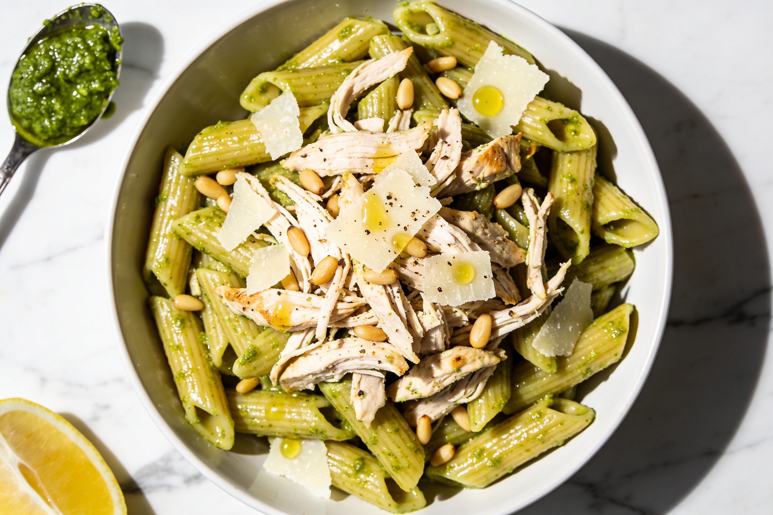 High Protein Rotisserie Chicken Pesto Pasta
