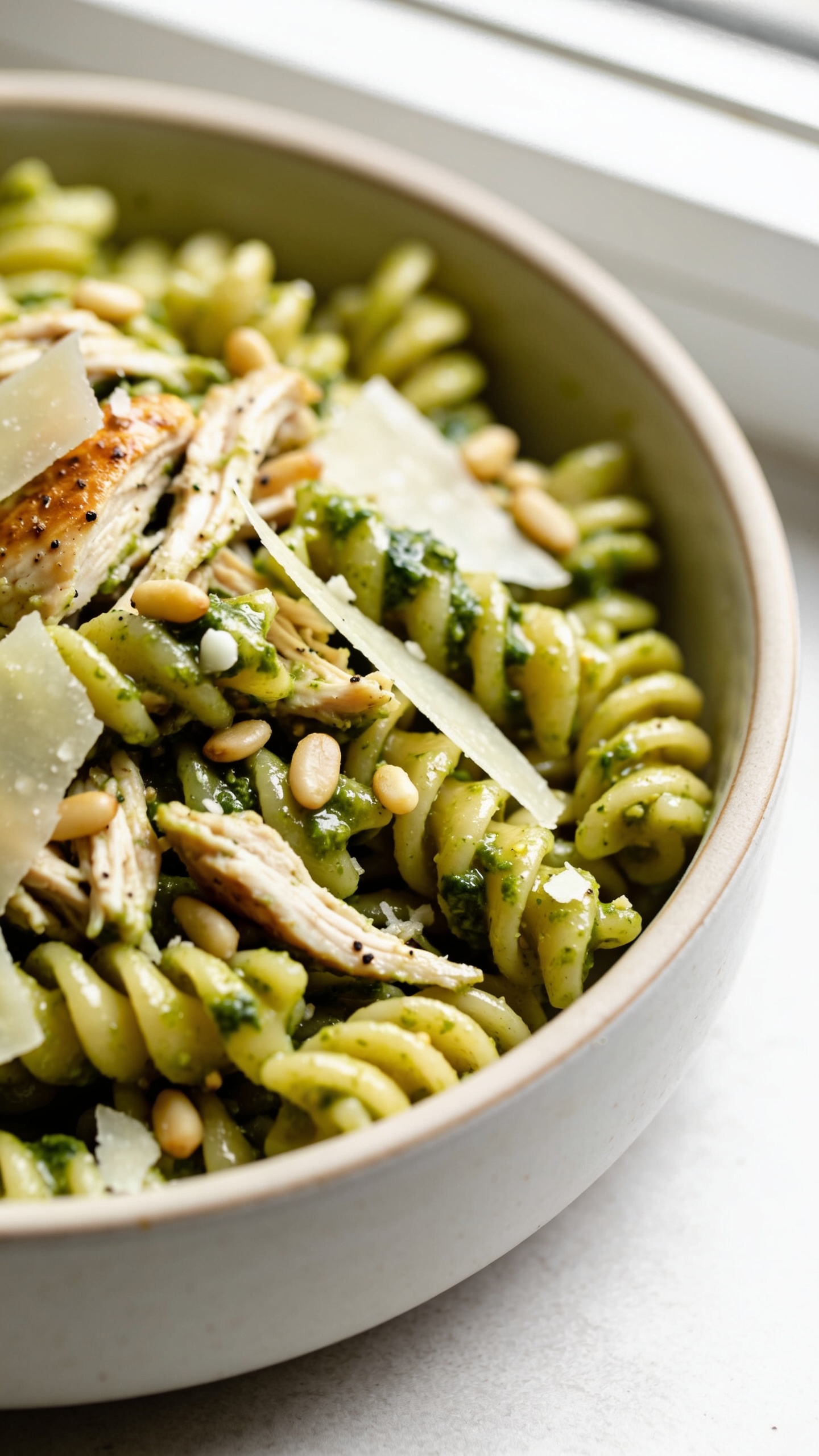 Ultra-close hero shot of a bowl of high-protein rotisserie chicken pesto pasta: short-cut pasta (al dente fusilli or rotini) coated in glossy emerald basil pesto, tossed with juicy shredded rotisserie chicken, thinly shaved Parmesan ribbons, toasted pine nuts, and a few fresh basil leaves. The pasta fills 90–95% of the frame in a shallow ceramic bowl with a subtle off-white rim. Bright natural window light from the side, shallow depth of field, rich green sheen on the pesto clinging to each corkscrew, visible flecks of garlic and parmesan in the sauce, slight gloss on tender chicken shreds, and a light sprinkle of black pepper. Background soft and neutral, premium food-blog styling, no text, no hands.