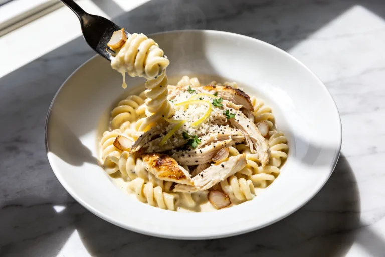 High Protein Rotisserie Chicken Garlic Parmesan Pasta