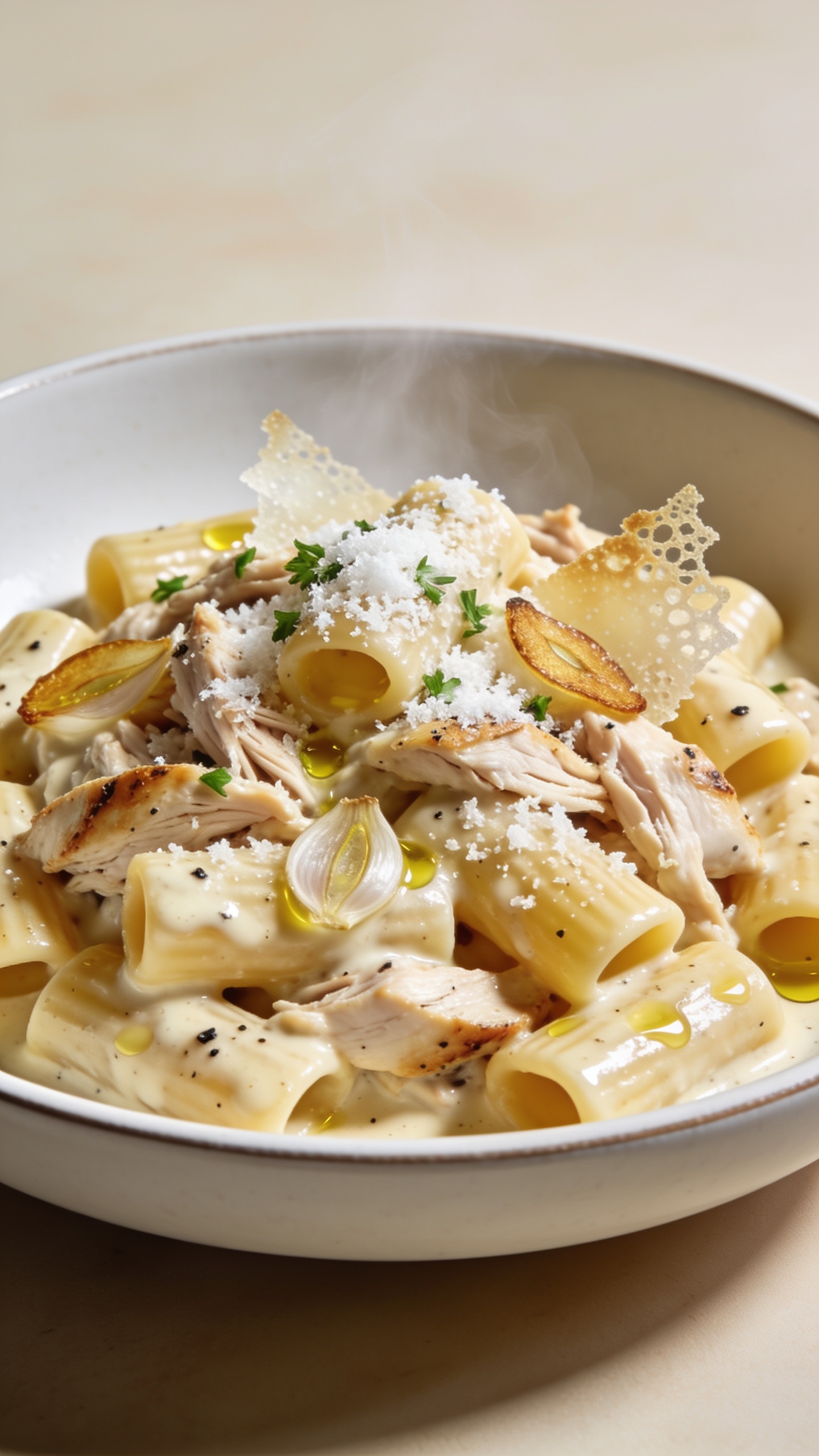 Extreme close-up hero shot of High Protein Rotisserie Chicken Garlic Parmesan Pasta: al dente short pasta (rigatoni) coated in a glossy, silky garlic-Parmesan cream sauce, generously studded with juicy pulled rotisserie chicken pieces and flecks of freshly cracked black pepper. Garnish with finely grated Parmesan snow, tiny chopped fresh parsley, and a light shimmer of olive oil. A few golden toasted garlic slices and crisped parmesan frico shards peek through for texture. Plated in a shallow matte white bowl with minimal rim, food filling 90–95% of frame. Bright natural side lighting, shallow depth of field, creamy highlights on the sauce, warm neutral backdrop, premium food-blog styling. Steam is gently visible, emphasizing fresh, hot, cozy vibes; the exact same finished recipe look will match all subsequent images.