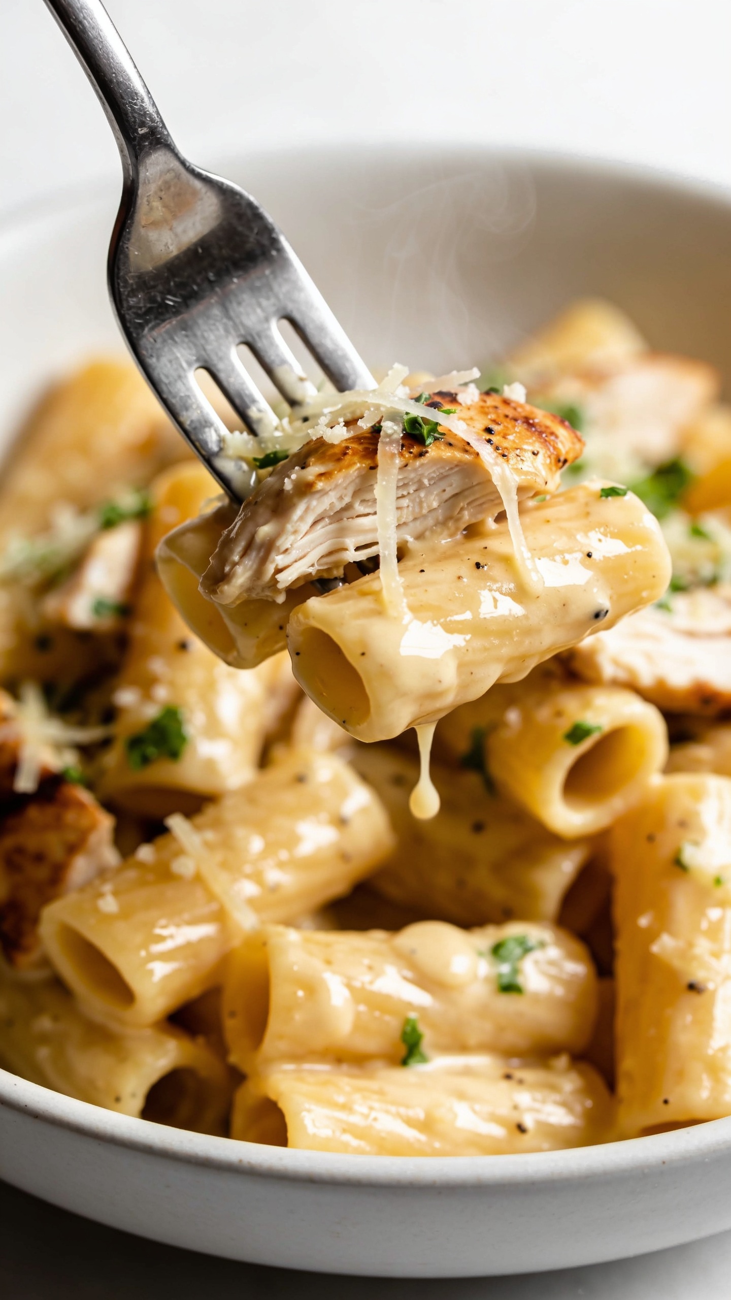 Dynamic action close-up: a polished stainless fork lifting the perfect bite of the same garlic-Parmesan pasta and rotisserie chicken from the bowl, one second before it reaches the mouth. The fork holds a few rigatoni tubes glistening with creamy sauce, a tender shredded chunk of chicken clinging to the pasta, micro-strands of melted Parmesan stretching slightly, and specks of black pepper and parsley visible. Tiny droplets of glossy sauce cling and slowly drip back toward the bowl. Steam rises softly. Background is the same shallow matte white bowl packed with the same dish, filling 90–95% of the frame. Bright natural lighting, shallow depth of field, rich textures, no hands or people visible, premium magazine cover energy.