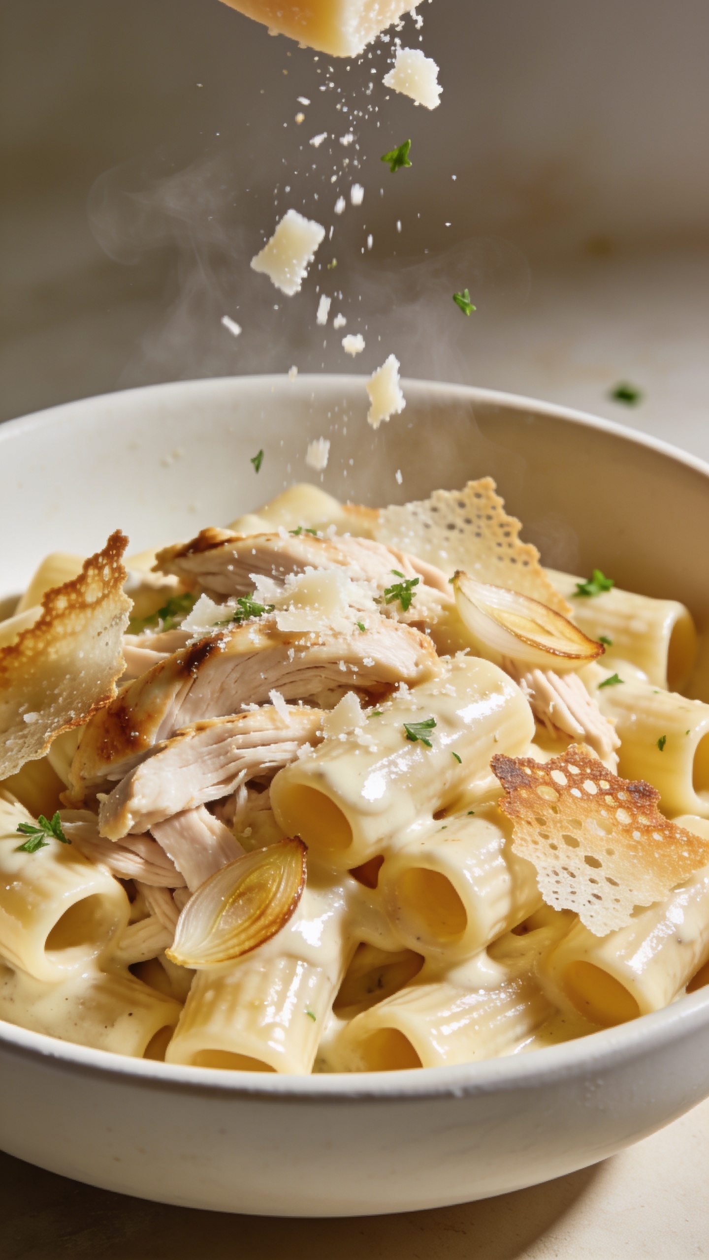 Ultra close-up angled top-side shot of the same finished pasta in the same shallow matte white bowl: rigatoni coated in lustrous garlic-Parmesan sauce with visible emulsified sheen, plentiful shreds of juicy rotisserie chicken nestled between noodles, light golden toasted garlic slices, and crisped edges of parmesan frico for contrast. Freshly grated Parmesan is mid-fall, captured in motion as delicate flakes land across the pasta, with tiny parsley confetti already scattered. Steam subtly rising, food filling 90–95% of the frame. Bright natural lighting, shallow depth of field, creamy highlights, warm neutral backdrop, consistent styling to match images 1 and